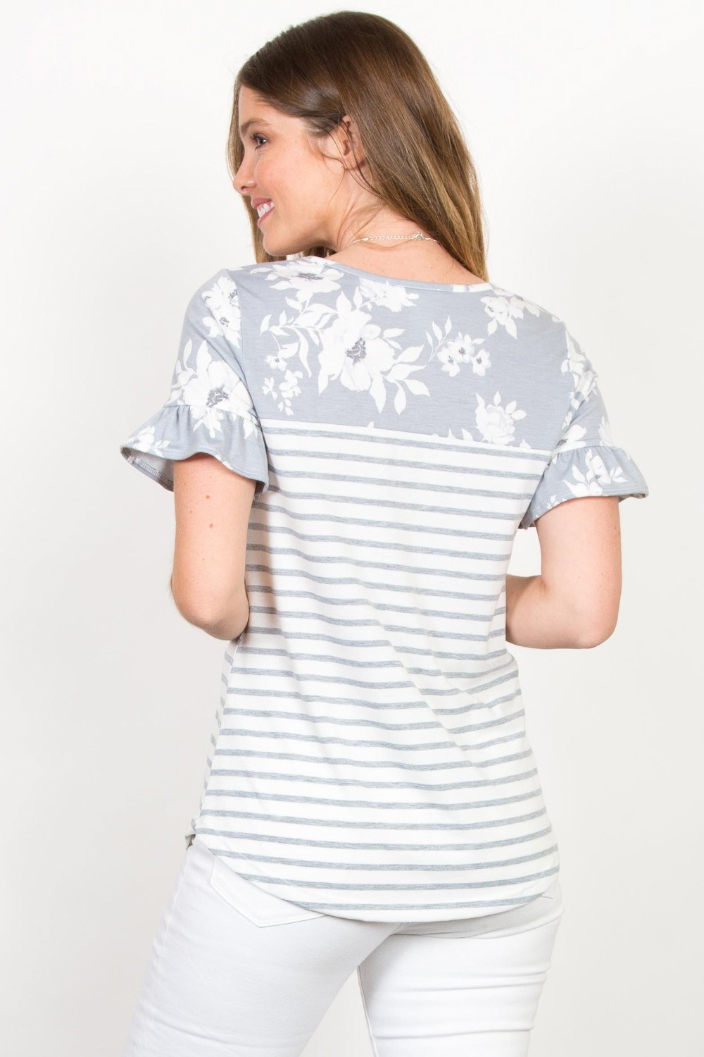 Full Size Floral & Striped Flounce Sleeve Top