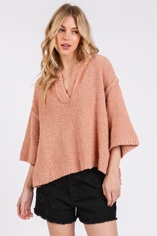Side Slit Notched Drop Shoulder Sweater