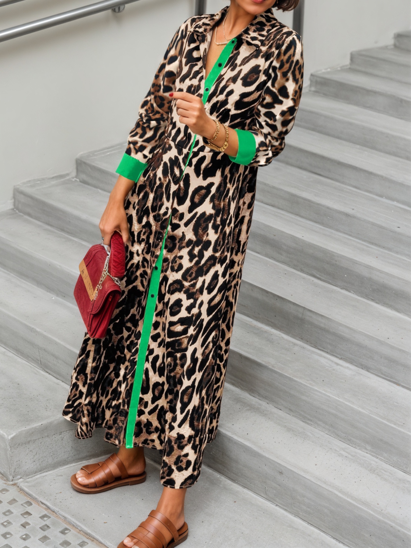 Leopard Print Long Sleeve Shirt Dress with Contrast Trim