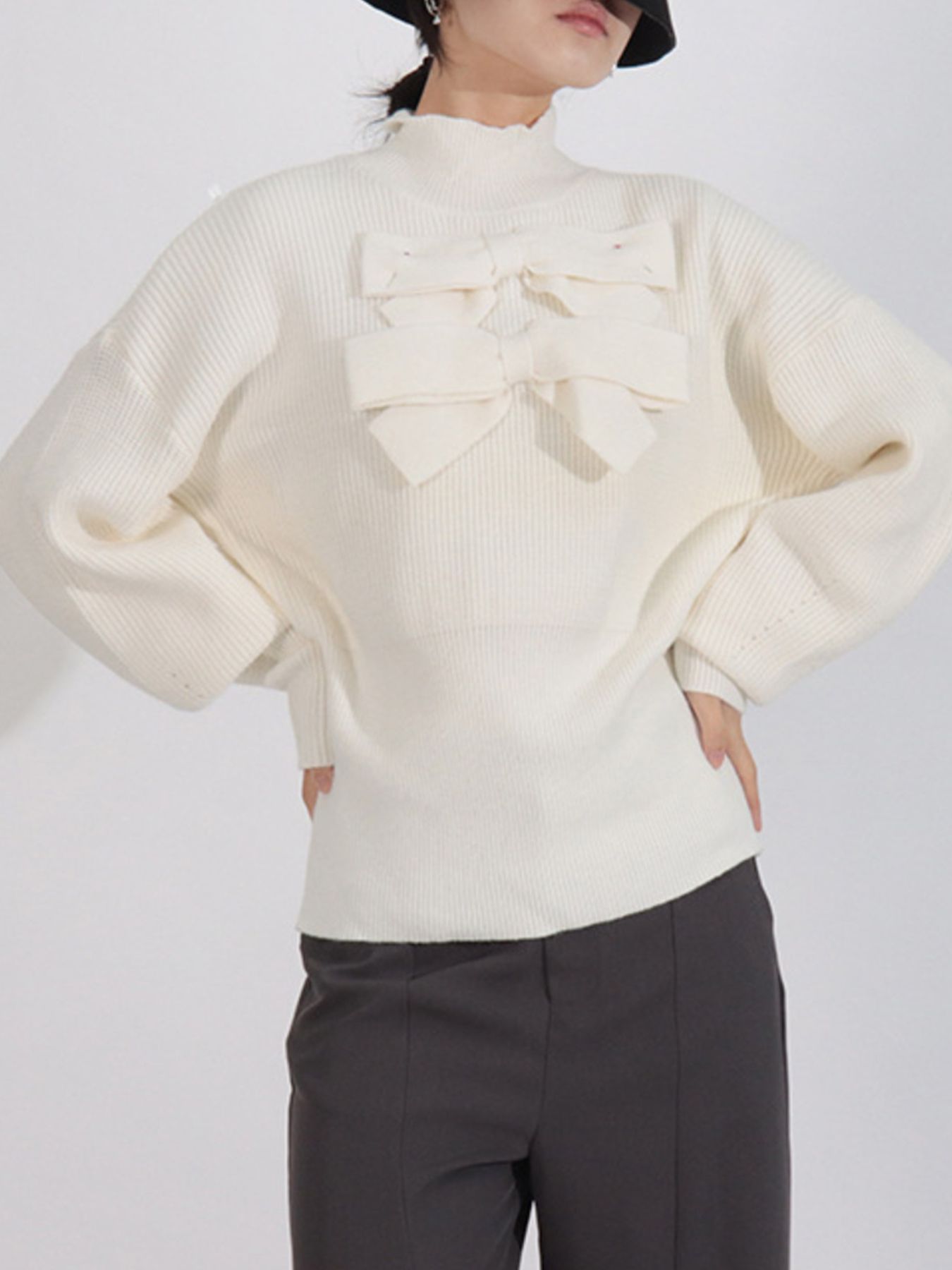 Bow Front Turtleneck Long Sleeve Sweater