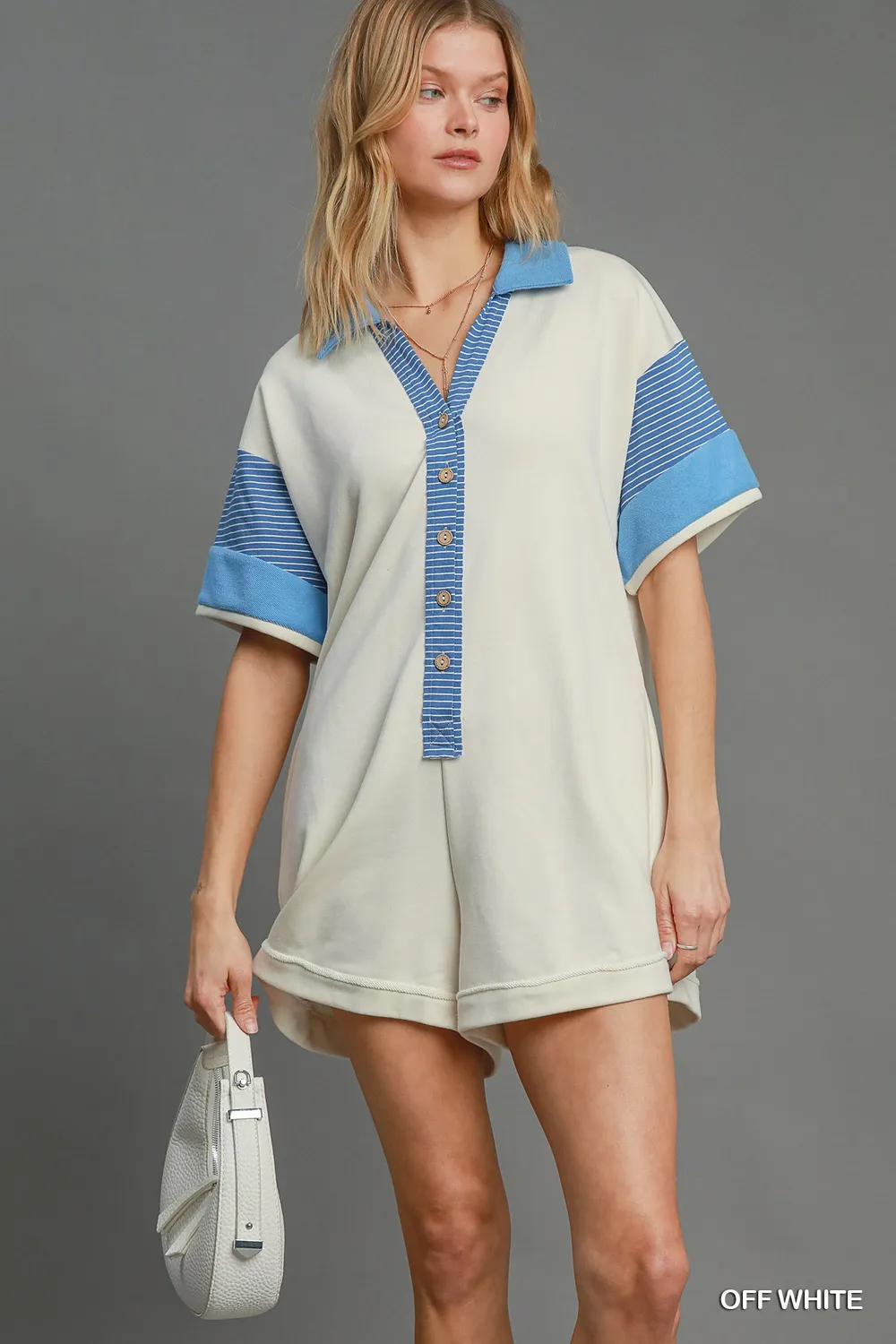 Umgee French Terry Collared Colorblock Romper