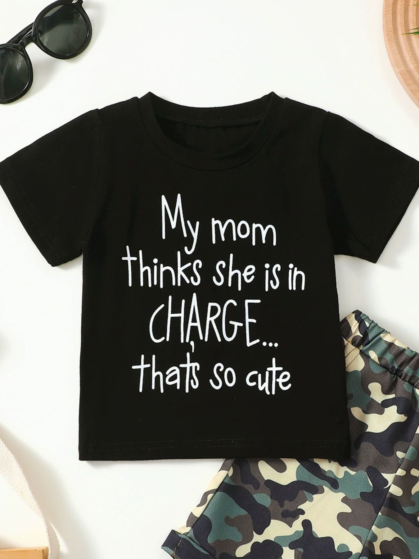 Children's Letter Graphic Tee and Camouflage Shorts Set