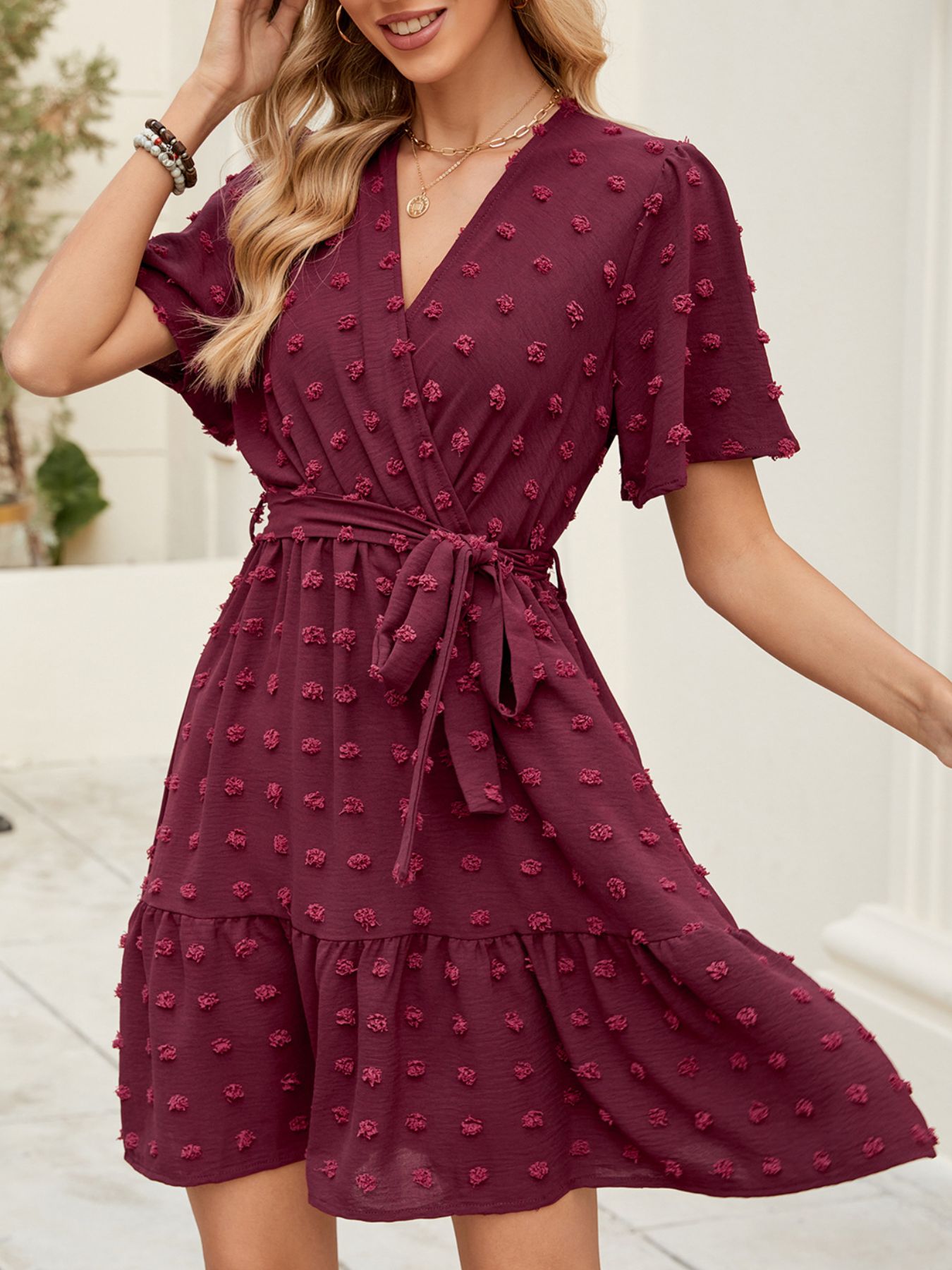 Swiss Dot Flutter Sleeve Wrap Dress