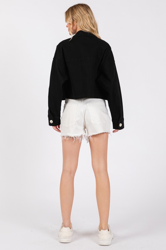 Button Down Cropped Denim Jacket with Patch Pockets
