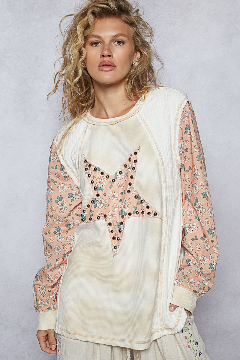 Exposed Seam Star Patch Thermal Top with Floral Sleeves