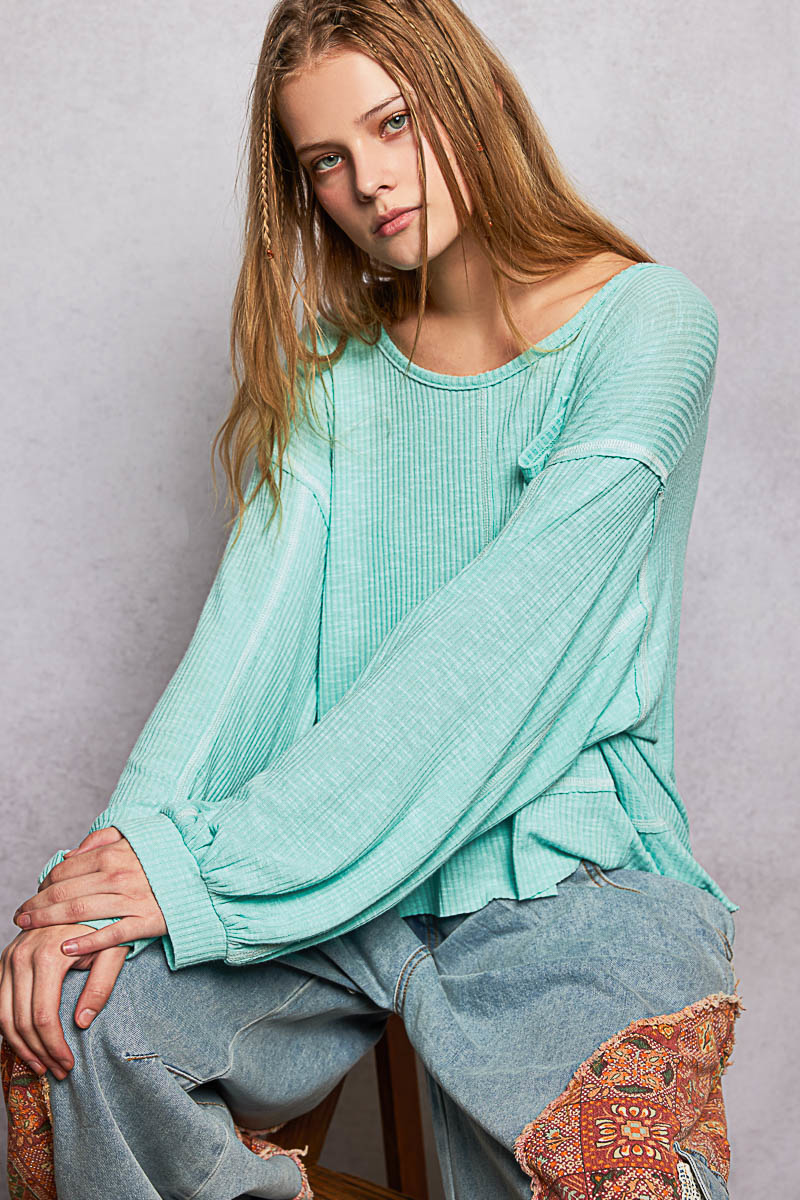 Round Neck Long Sleeve Exposed Seam Top with Chest Pocket