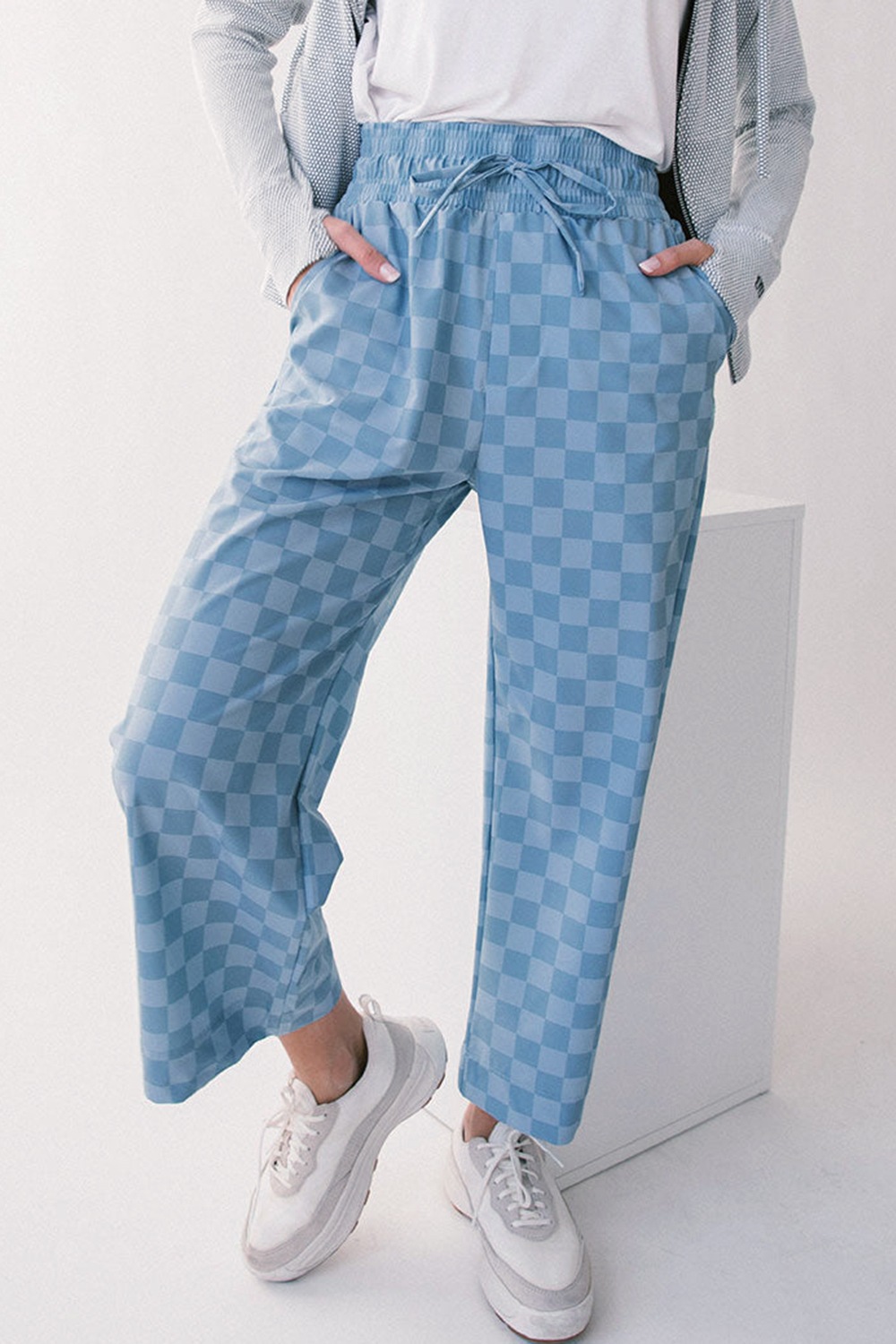 Checkered Elastic High Waist Loose Casual Pants