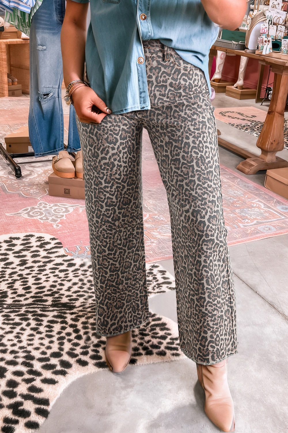 Leopard Frayed Edge Wide Leg High Waist Jeans