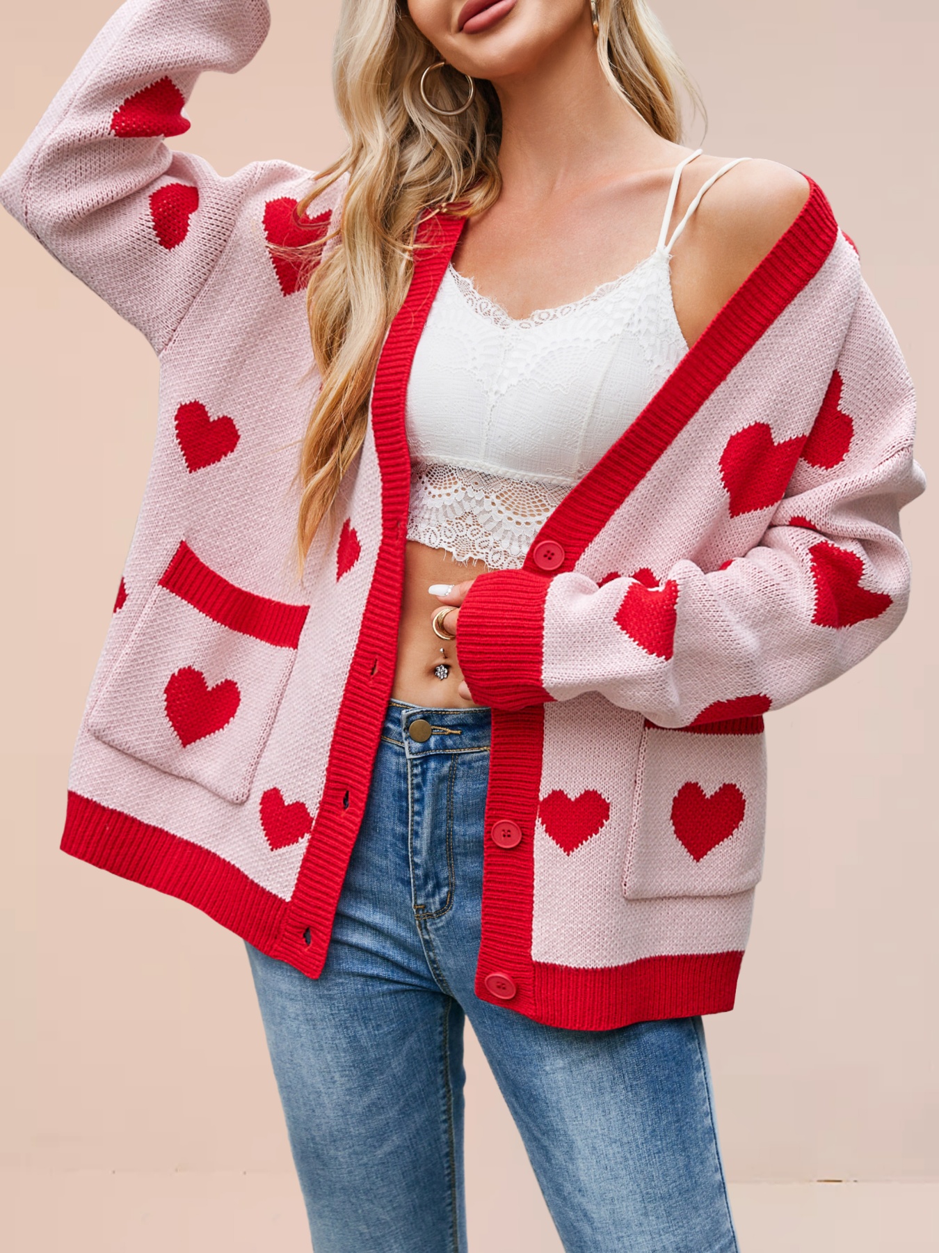 Heart Pattern Button-Up Knit Cardigan