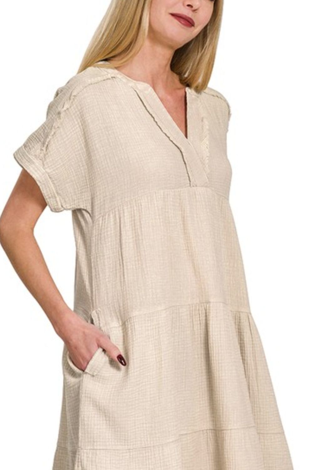 Washed Double Gauze Raw Edge V-neck Dress