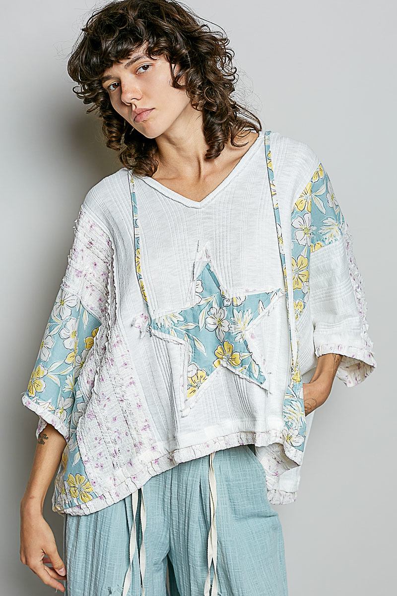 Floral Star Patch Hooded Blouse with Lace Contrast Detail