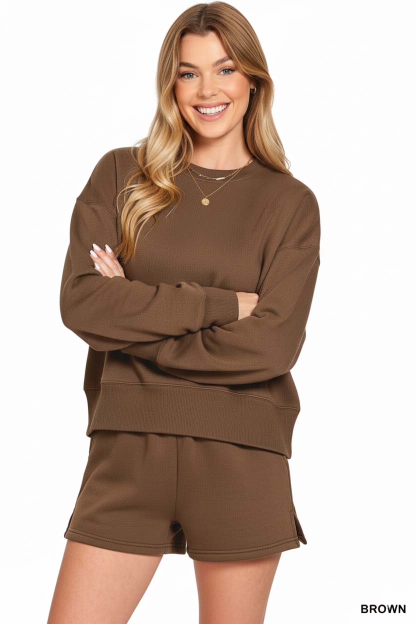 Fleece Round Neck Sweatshirt and Shorts Set