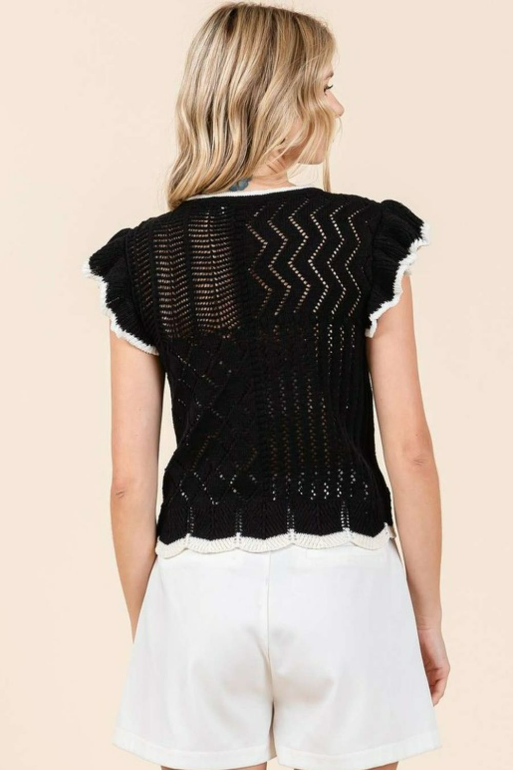 Openwork Contrast Trim Ruffled Cap Sleeve Knit Top