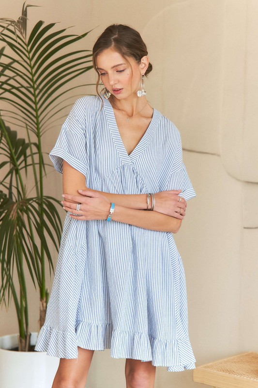 Ruffled Hem Striped V-Neck Babydoll Dress