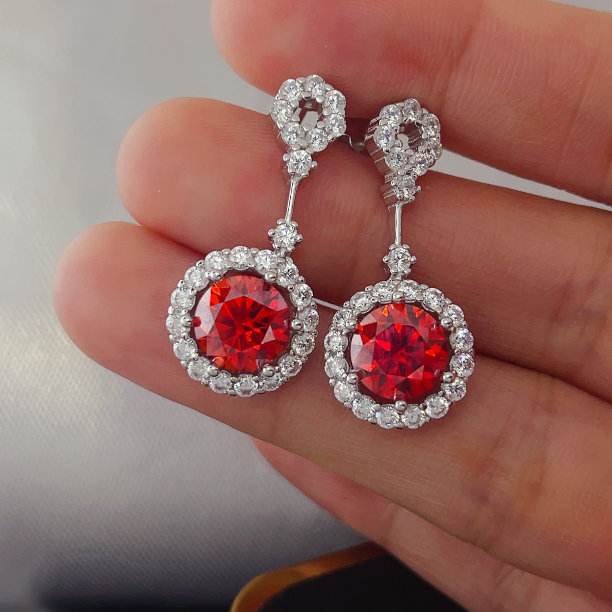 4 Carat Ruby Red Crystal Drop Earrings with Rhinestone Halo