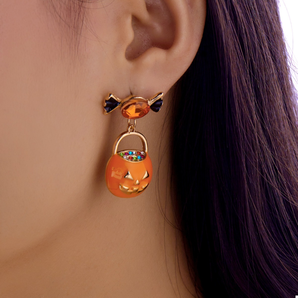 Halloween Rhinestone Pumpkin Dangle Earrings