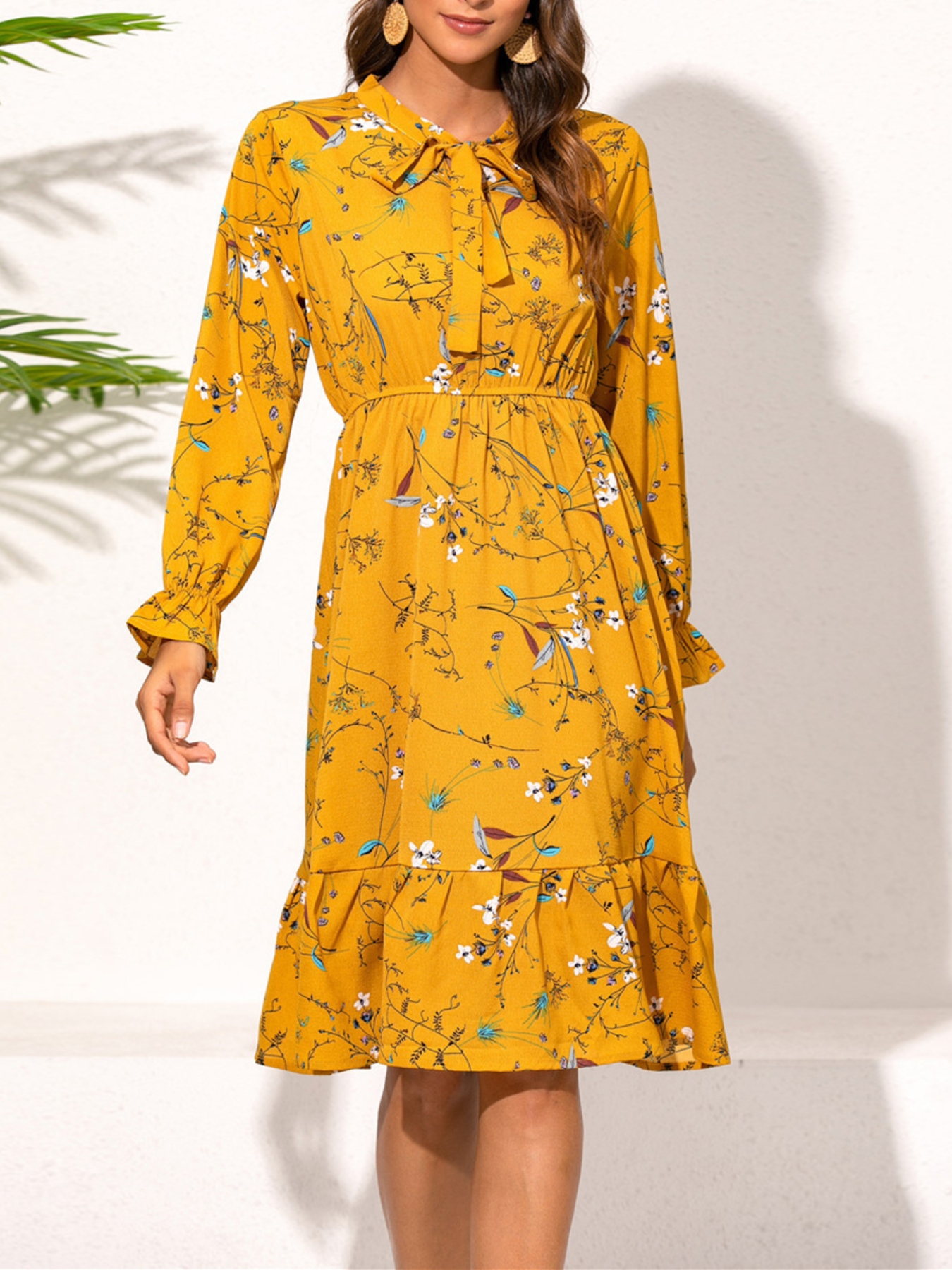 Ruffled Hem Floral Print Long Sleeve Dress