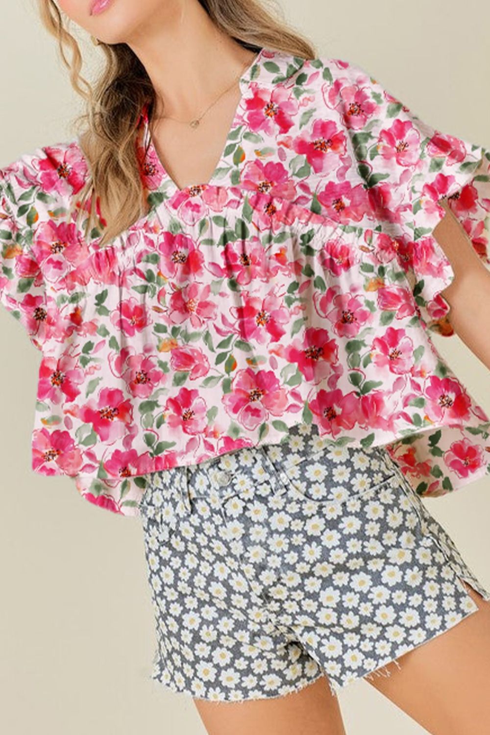 Floral Boxy Fit Ruffled Short Sleeve Blouse