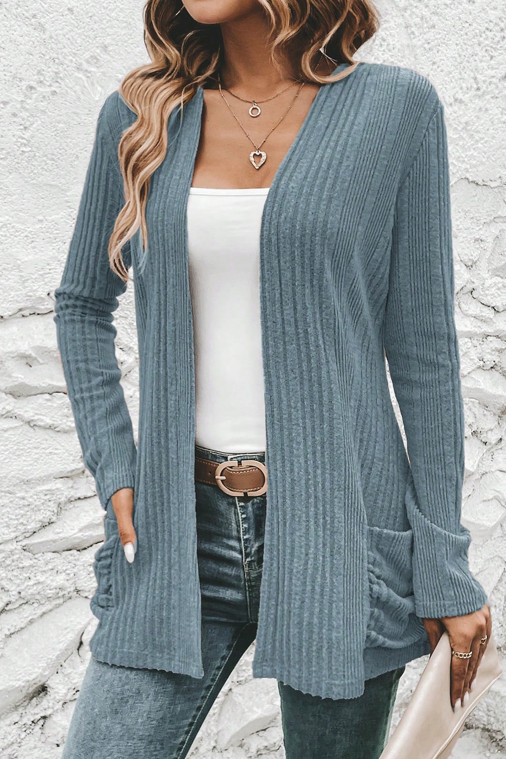 Ribbed Knit Open Front Cardigan with Pockets