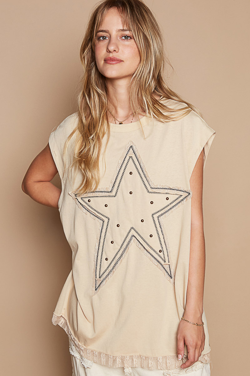 Star Patch Studded Sleeveless T-Shirt with Lace Hem
