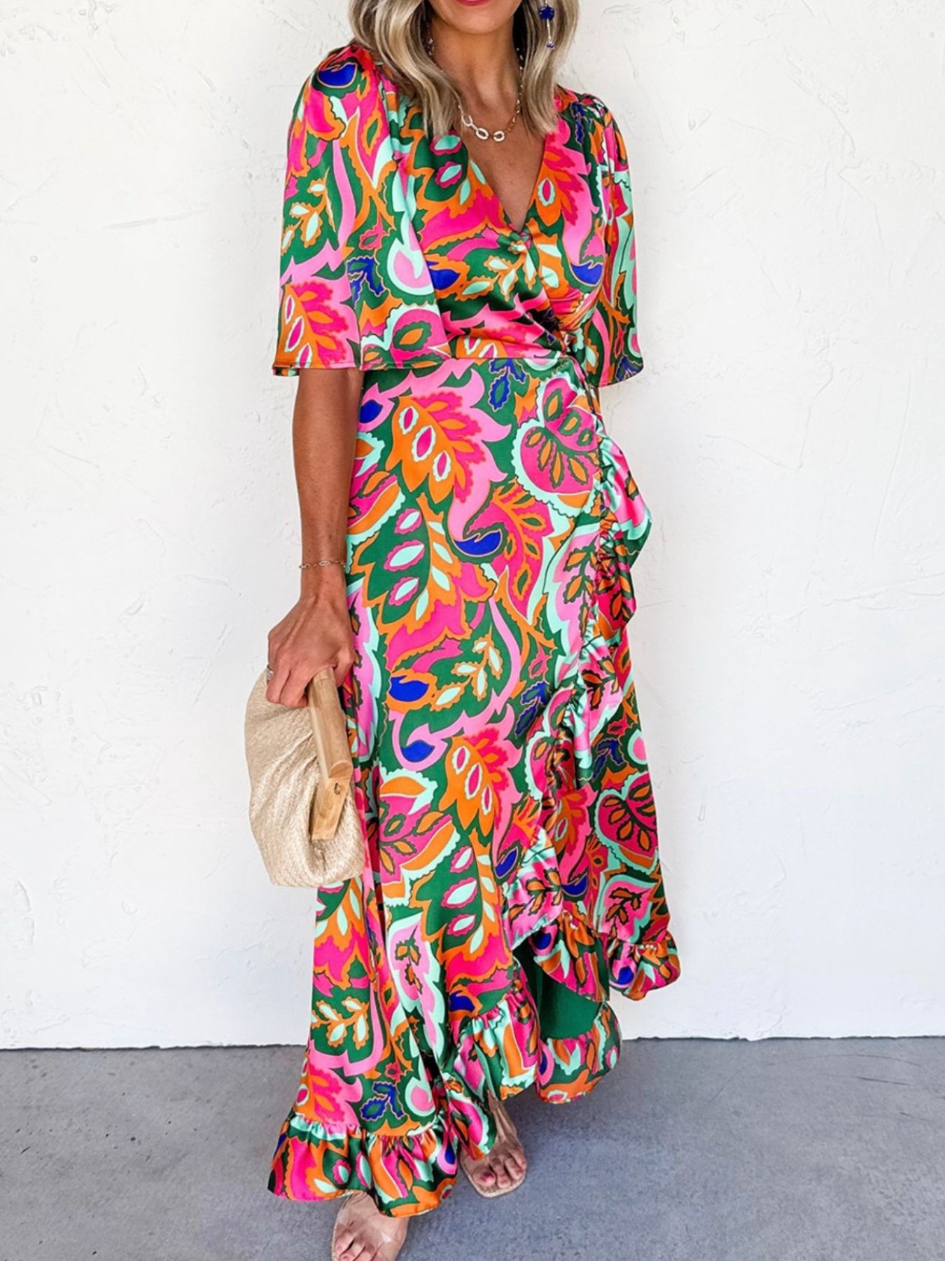 Floral Print Wrap Maxi Dress with Ruffle Details