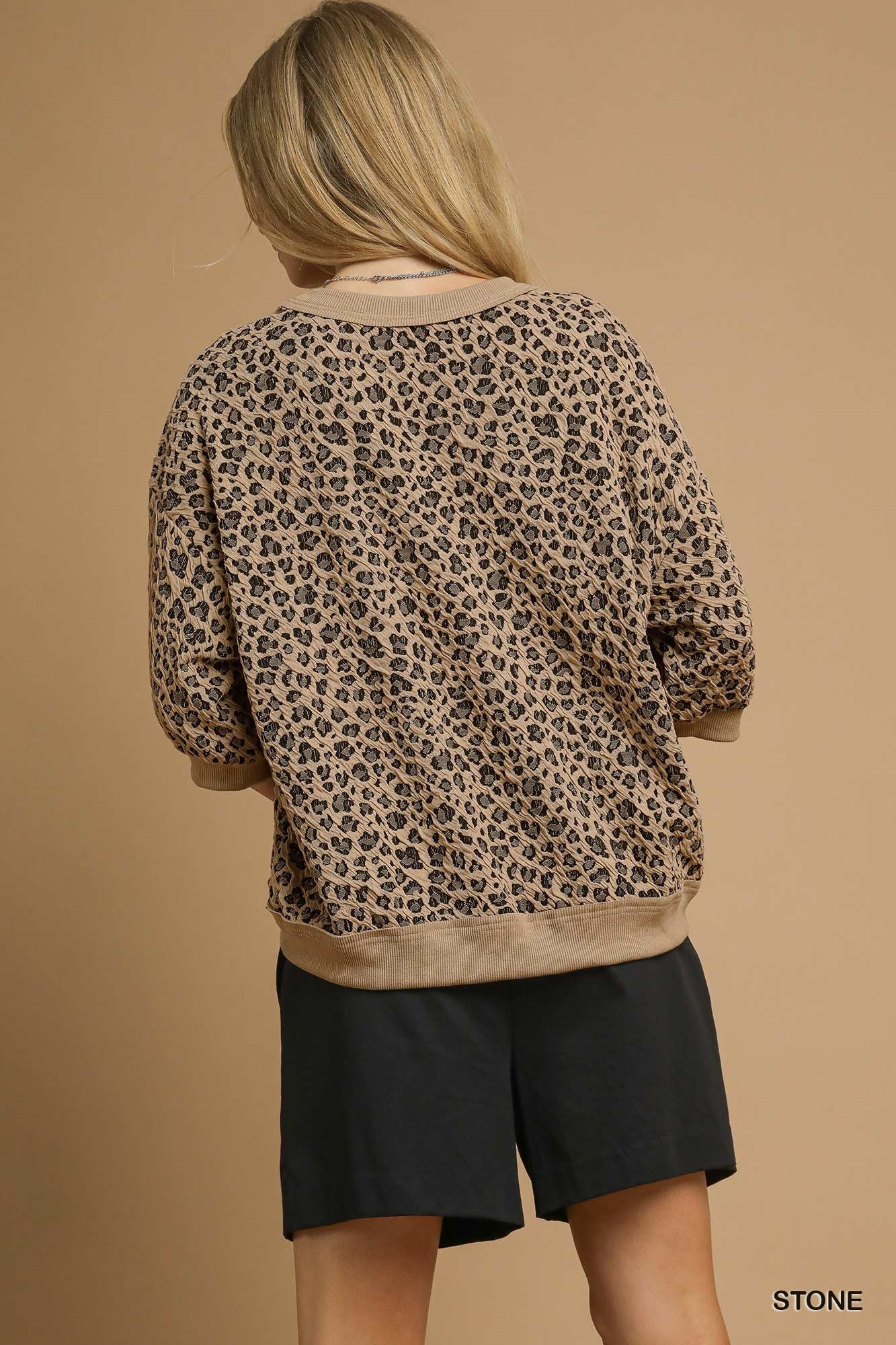 Umgee Leopard Knit Jacquard Puff Sleeve Sweatshirt