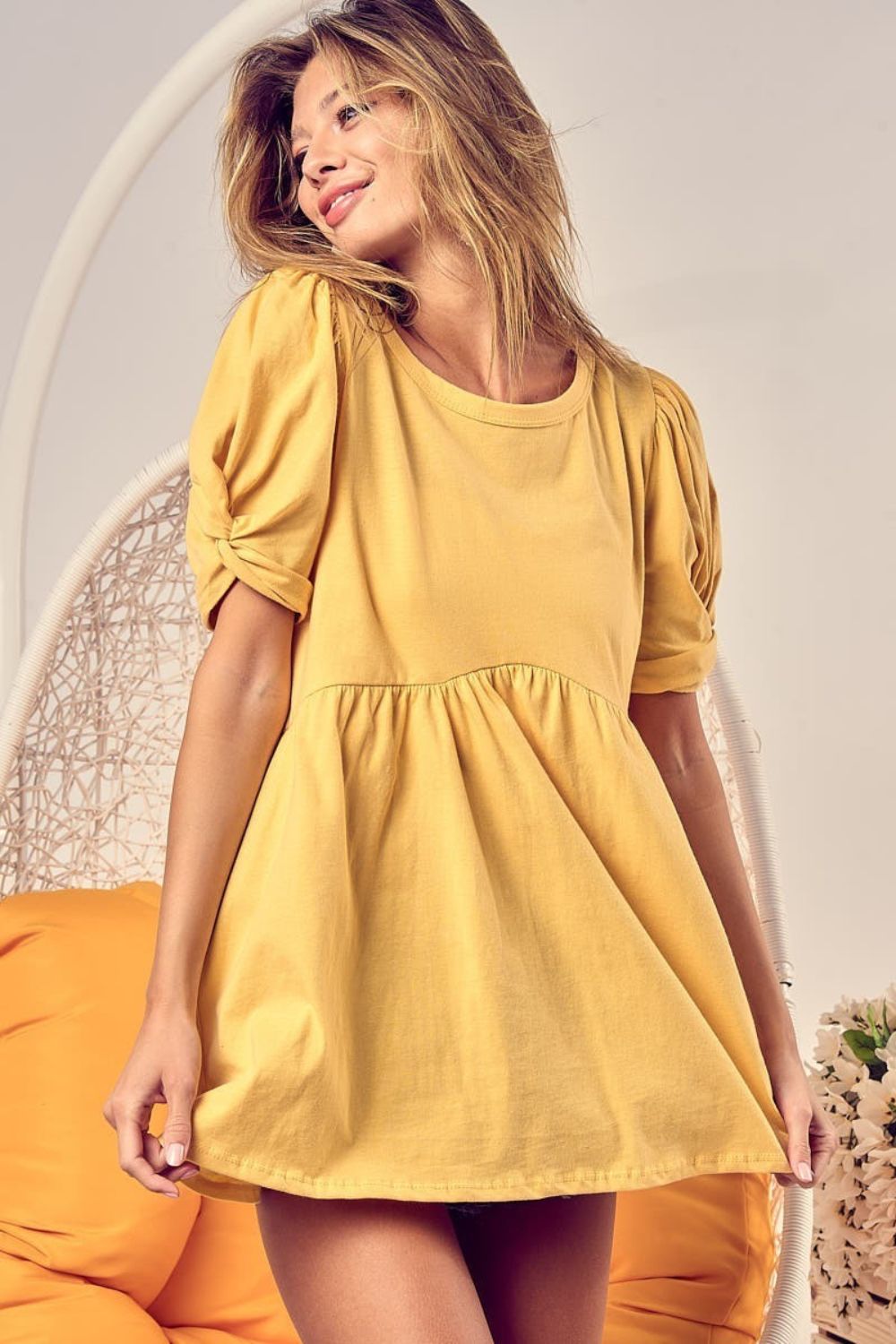 Cotton Span Knit with Puff Sleeve Baby Doll Top