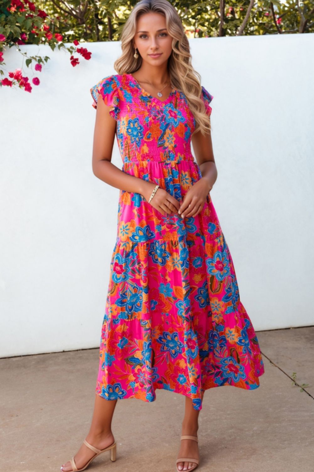 Boho Floral V Neck Ruffle Tiered Dress
