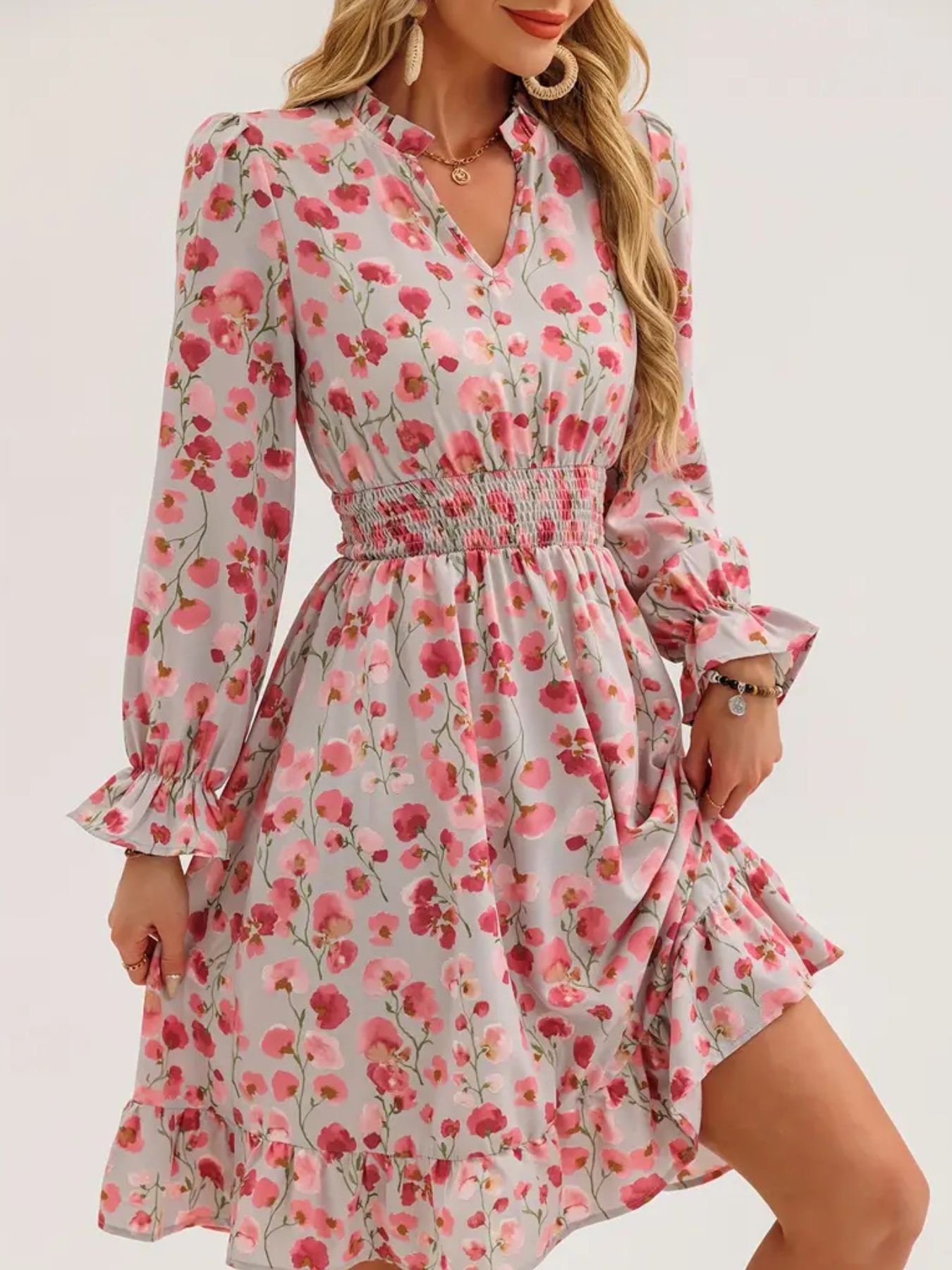 Floral Notched Flounce Sleeve Dress