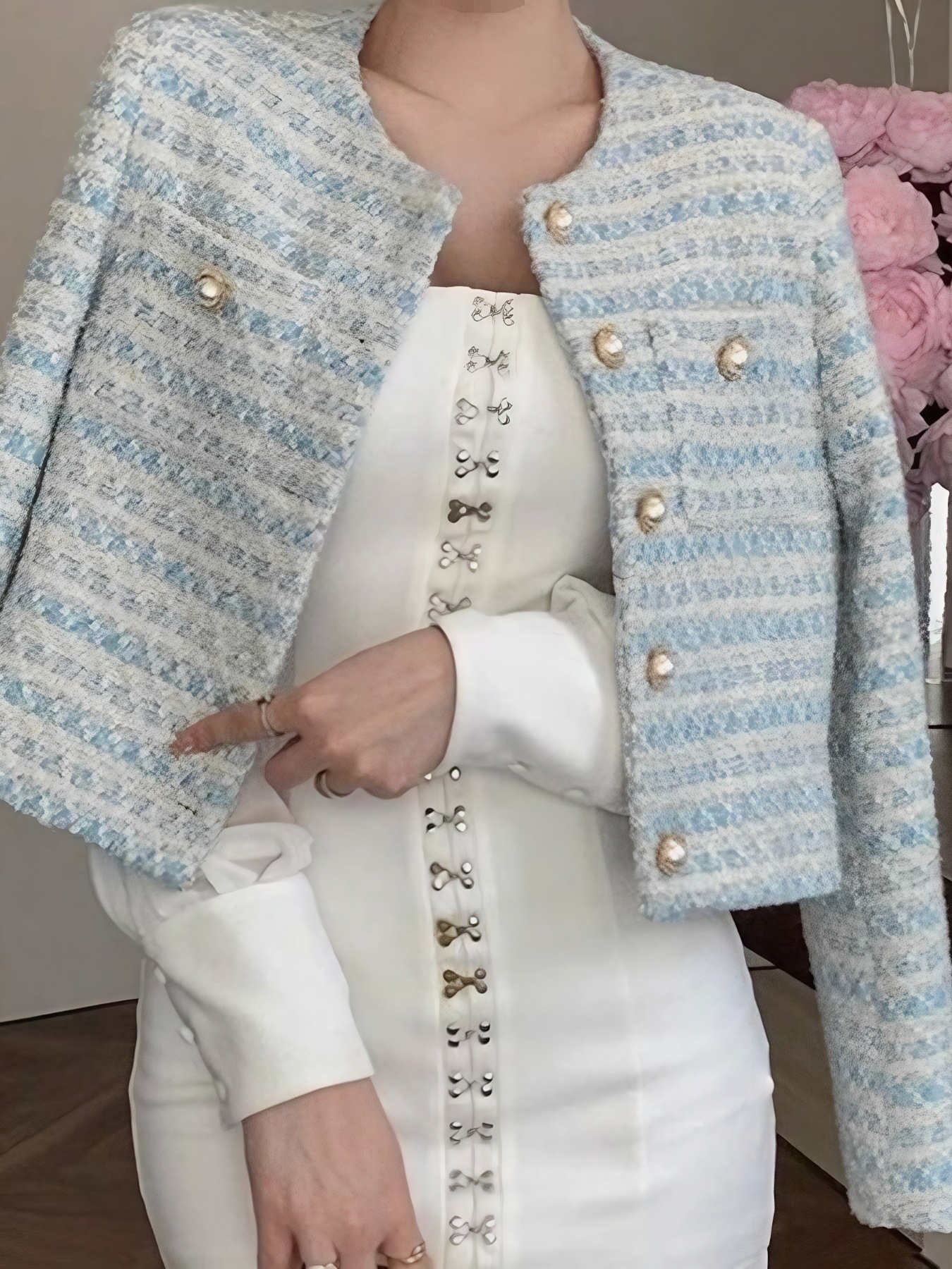 Button Up Cropped Tweed Outerwear