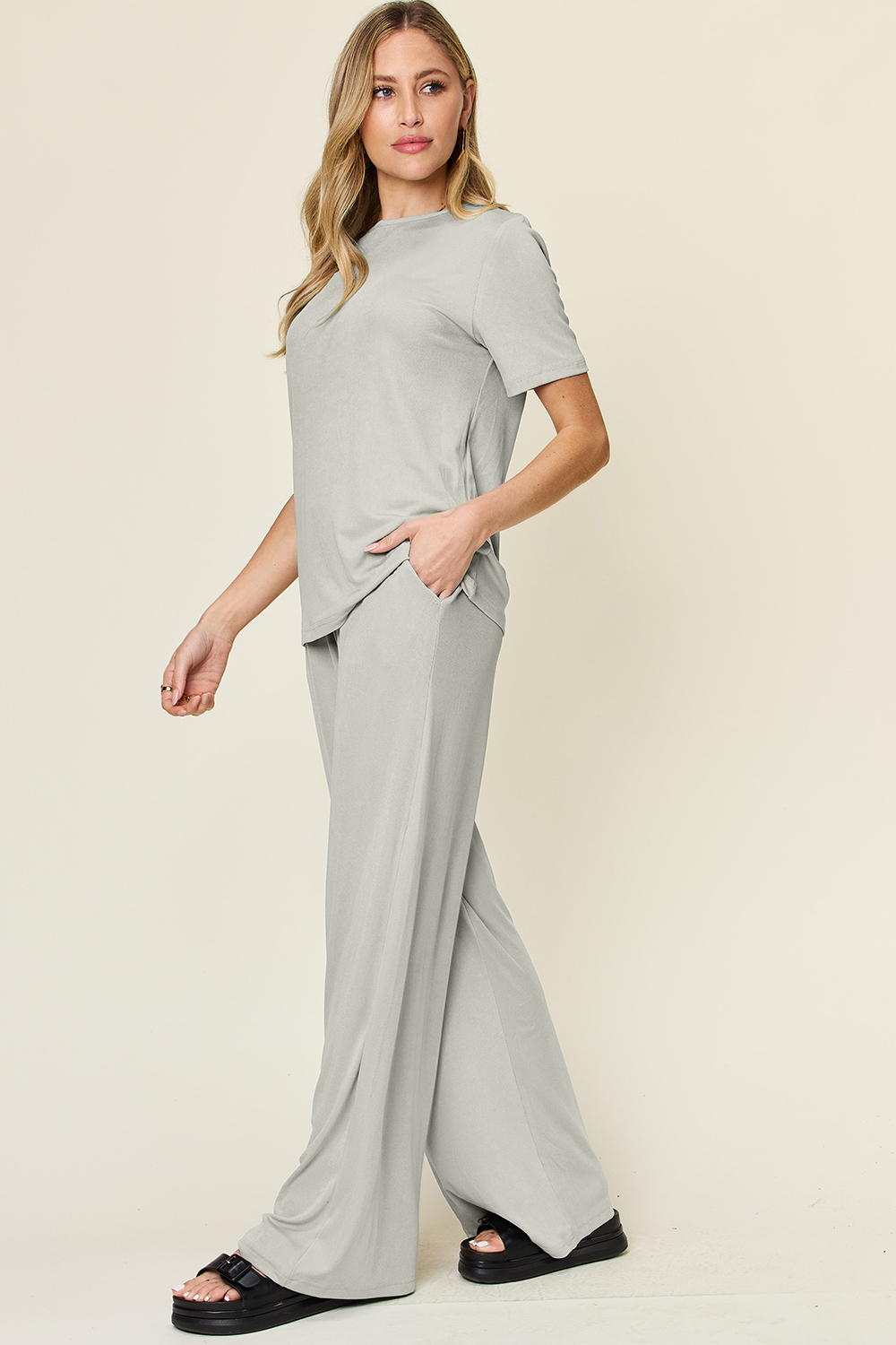 Full Size Round Neck Short Sleeve T-Shirt and Wide Leg Pants Set