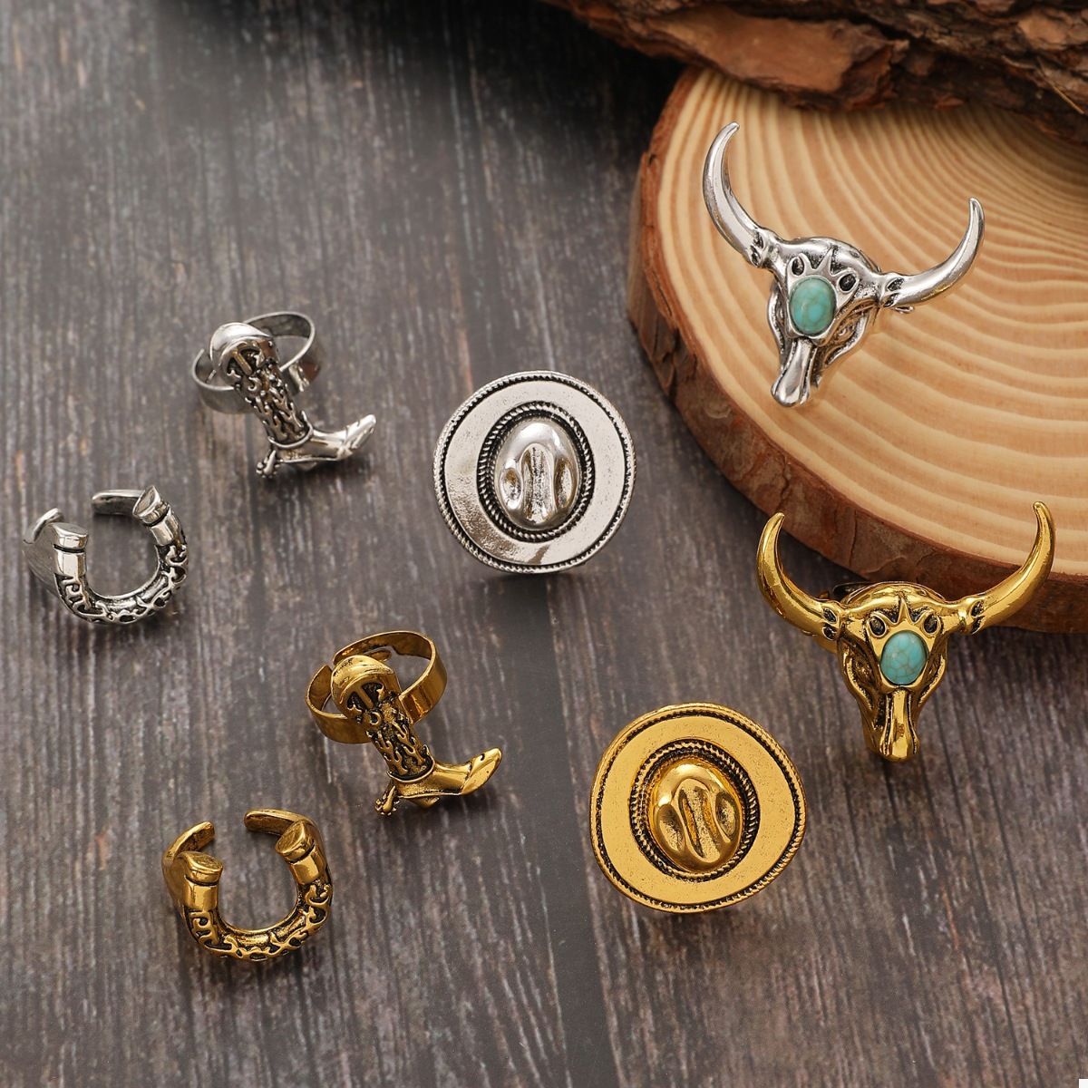 4 Piece Vintage Western Style Bull Head Rings