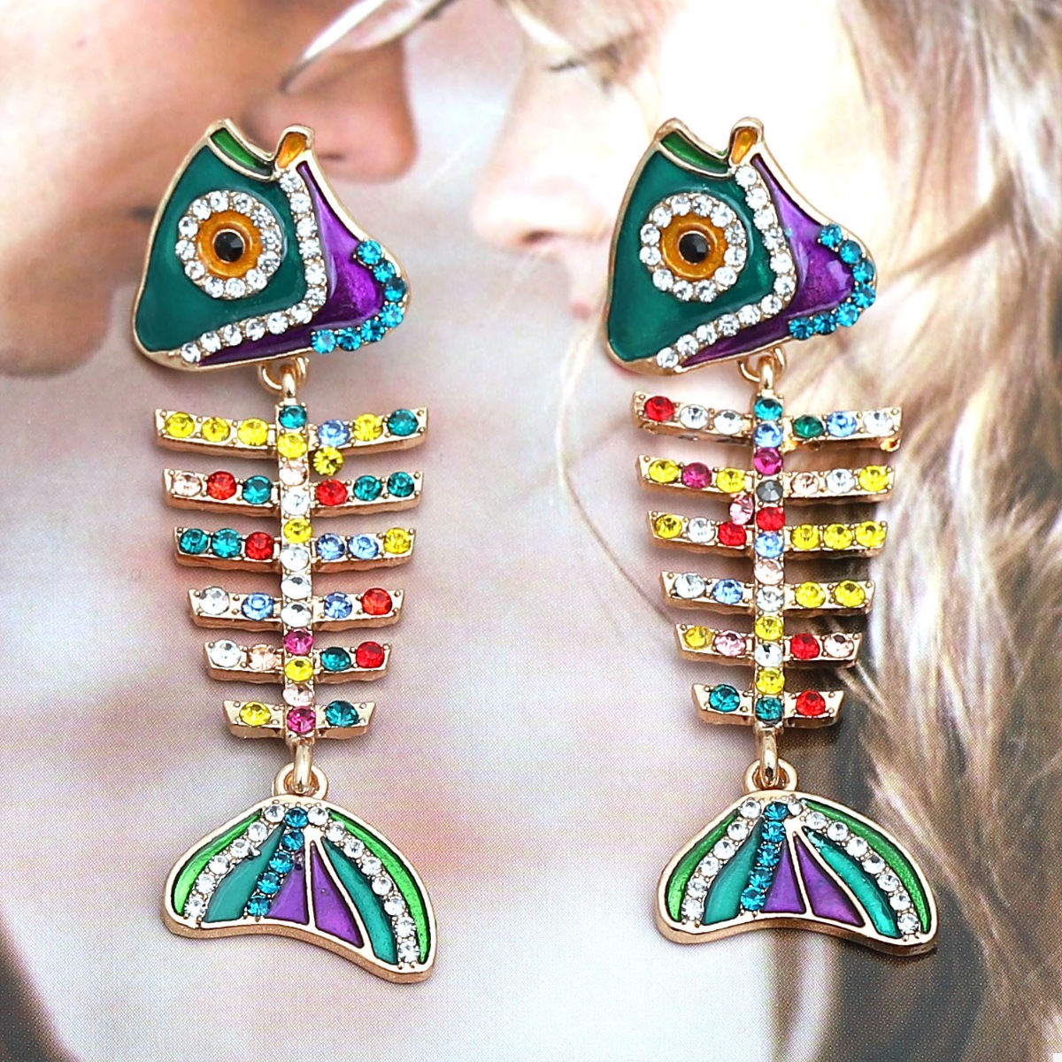 Rhinestone Colorful Fish Bone Statement Earrings