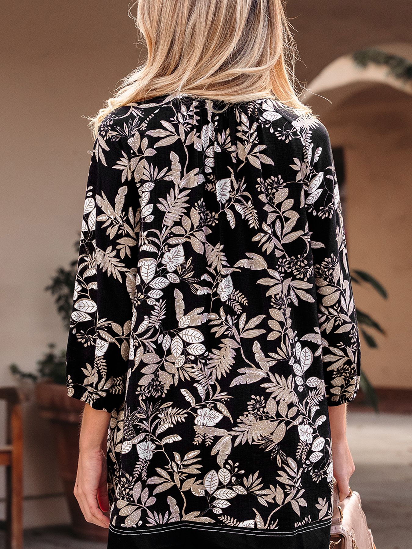 3/4 Sleeve Botanical Print Split Neck Loose Mini Dress