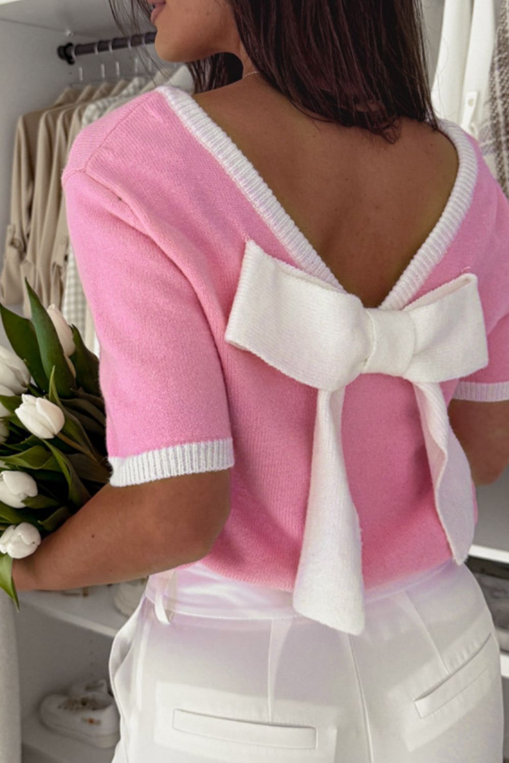 Bow Back Round Neck Short Sleeve Knit Top