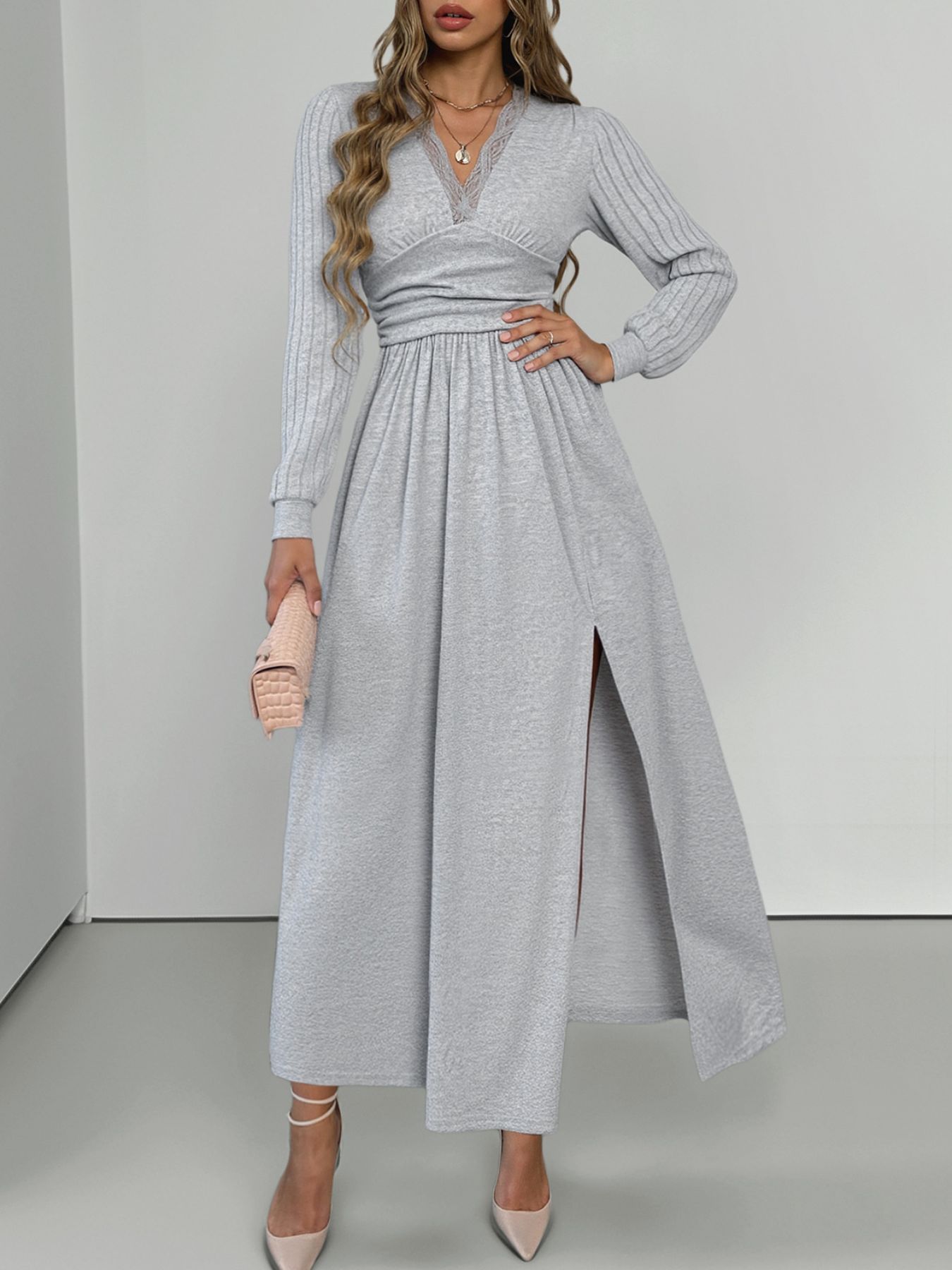 Lace Detail V-Neck Maxi Dress with Side Slit