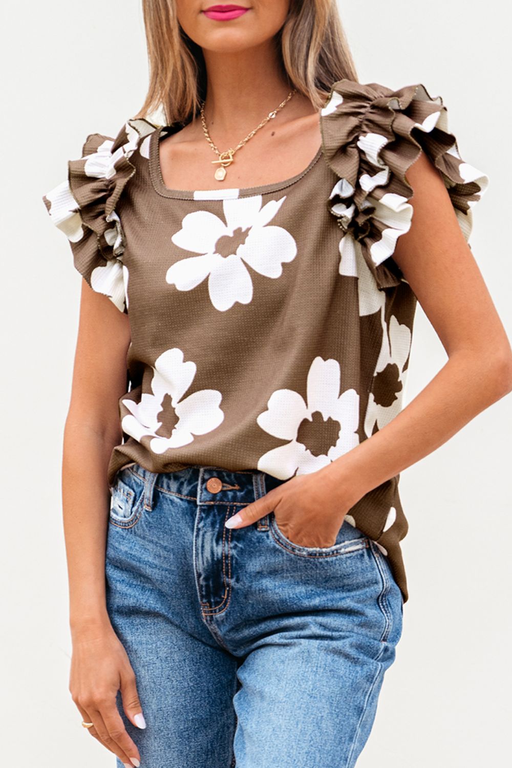 Floral Textured Ruffled Cap Sleeve Blouse