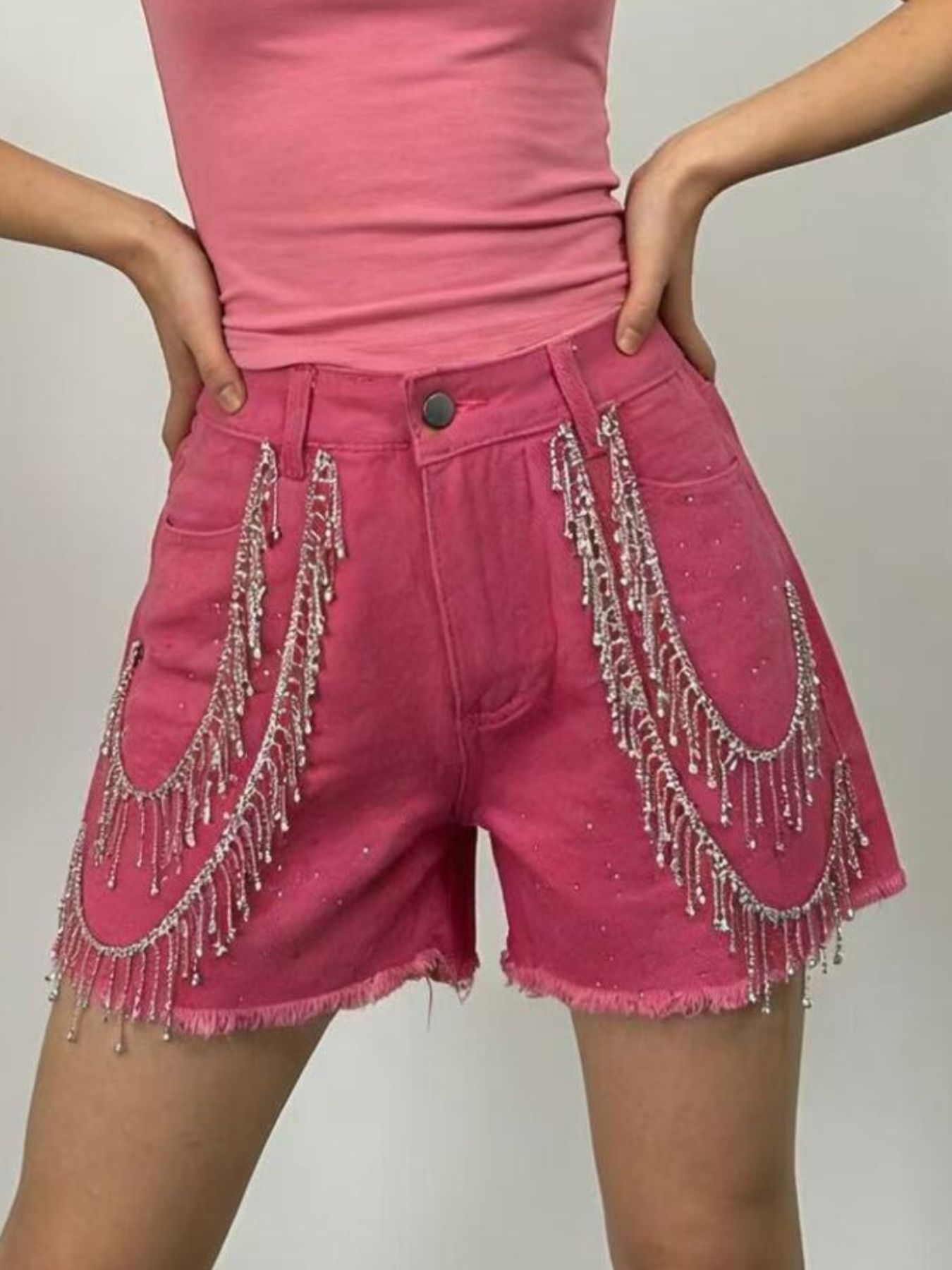 Rhinestone Chain Raw Hem Denim Shorts view 8