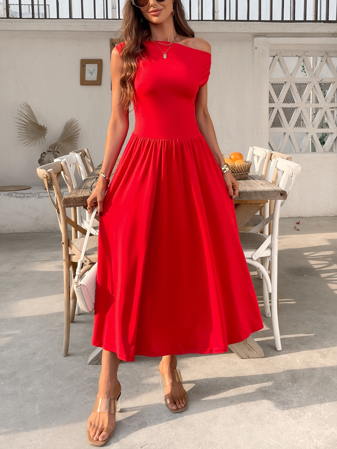 Single Shoulder Midi Dress with Pockets