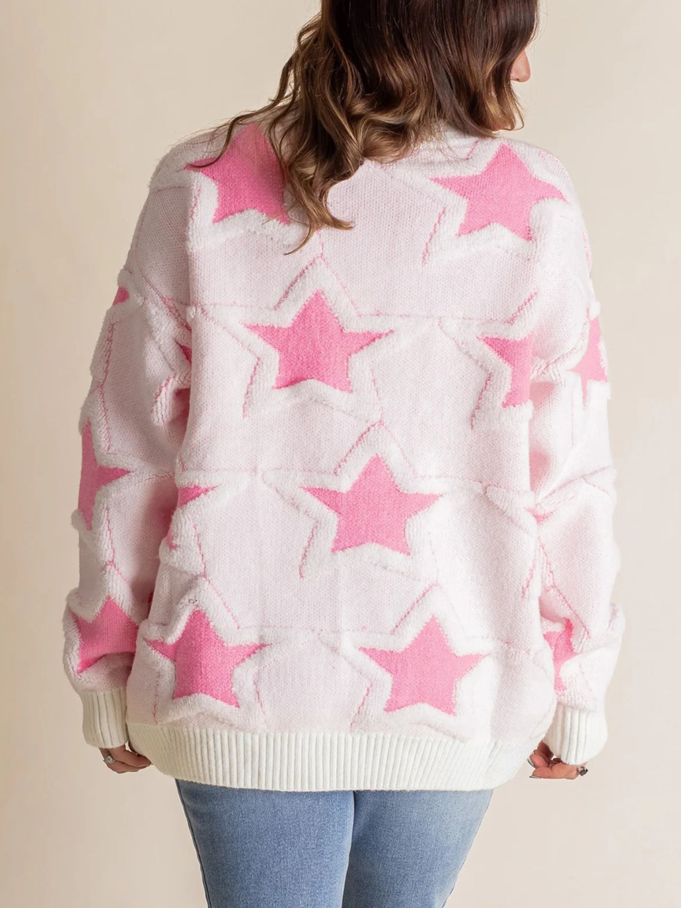 Oversized Star Pattern Ribbed Edge Drop Shoulder Sweater