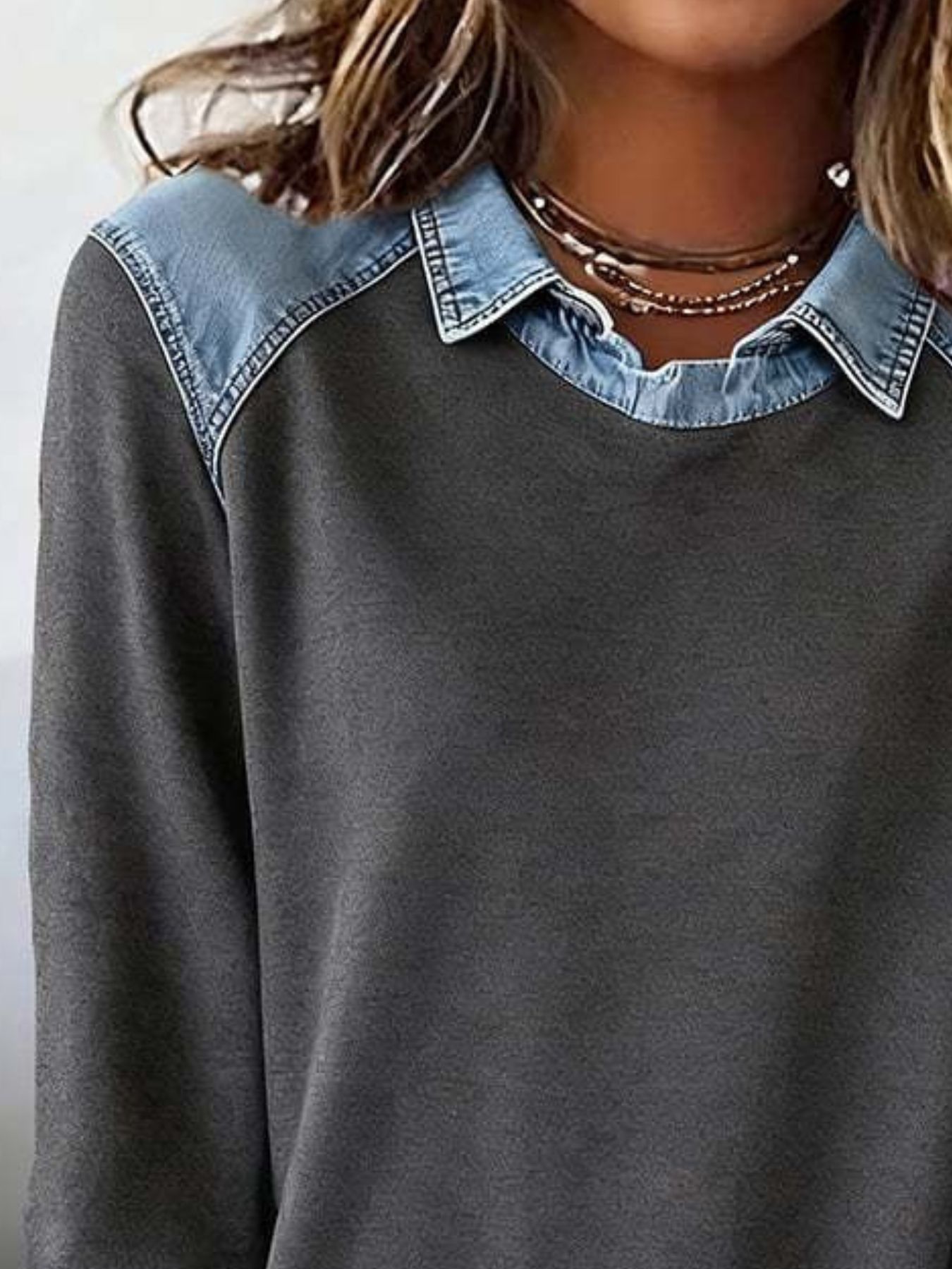 Full Size Denim Trim Long Sleeve Top Plus Size view 8