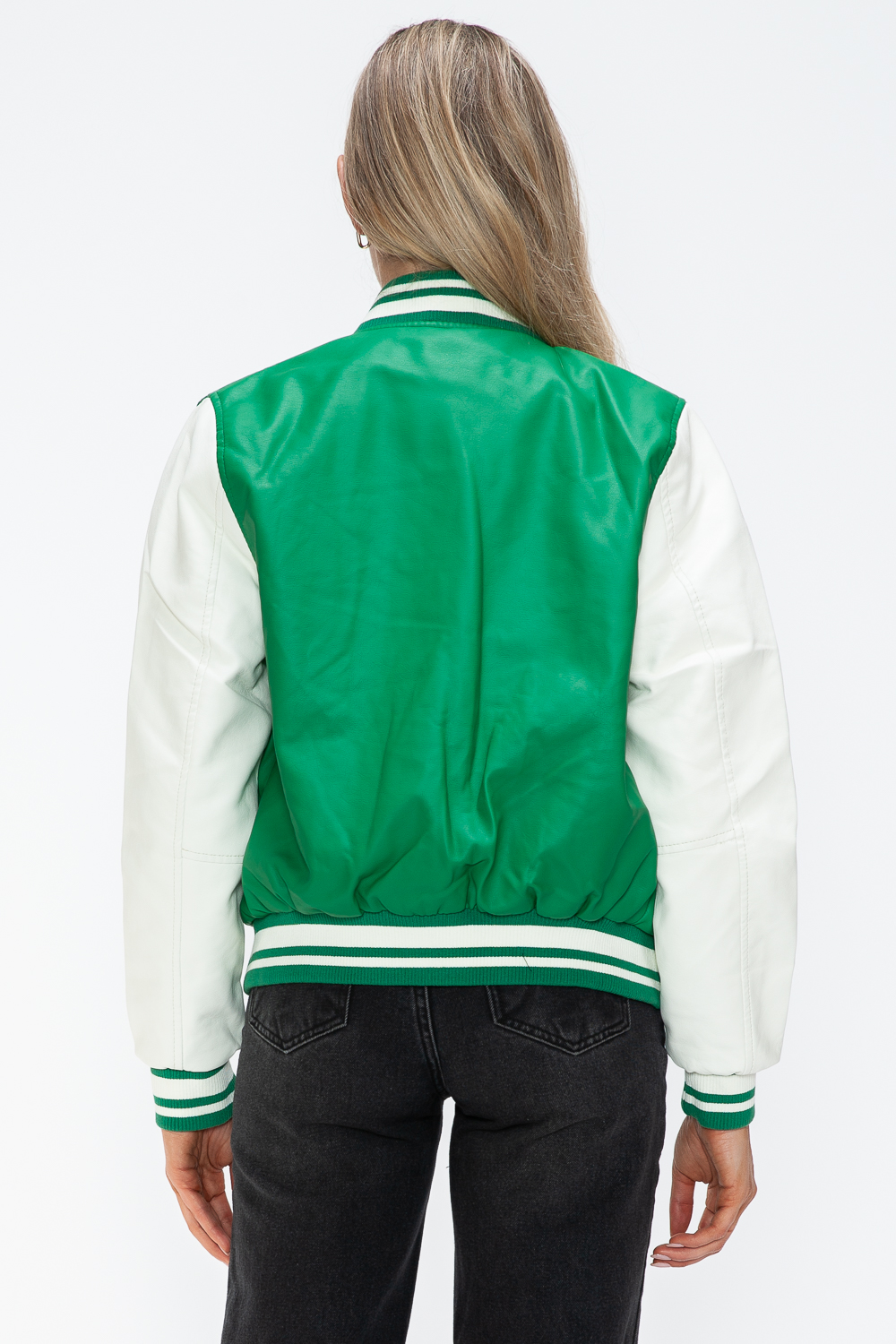 PU Leather Contrast Snap Down Bomber Jacket