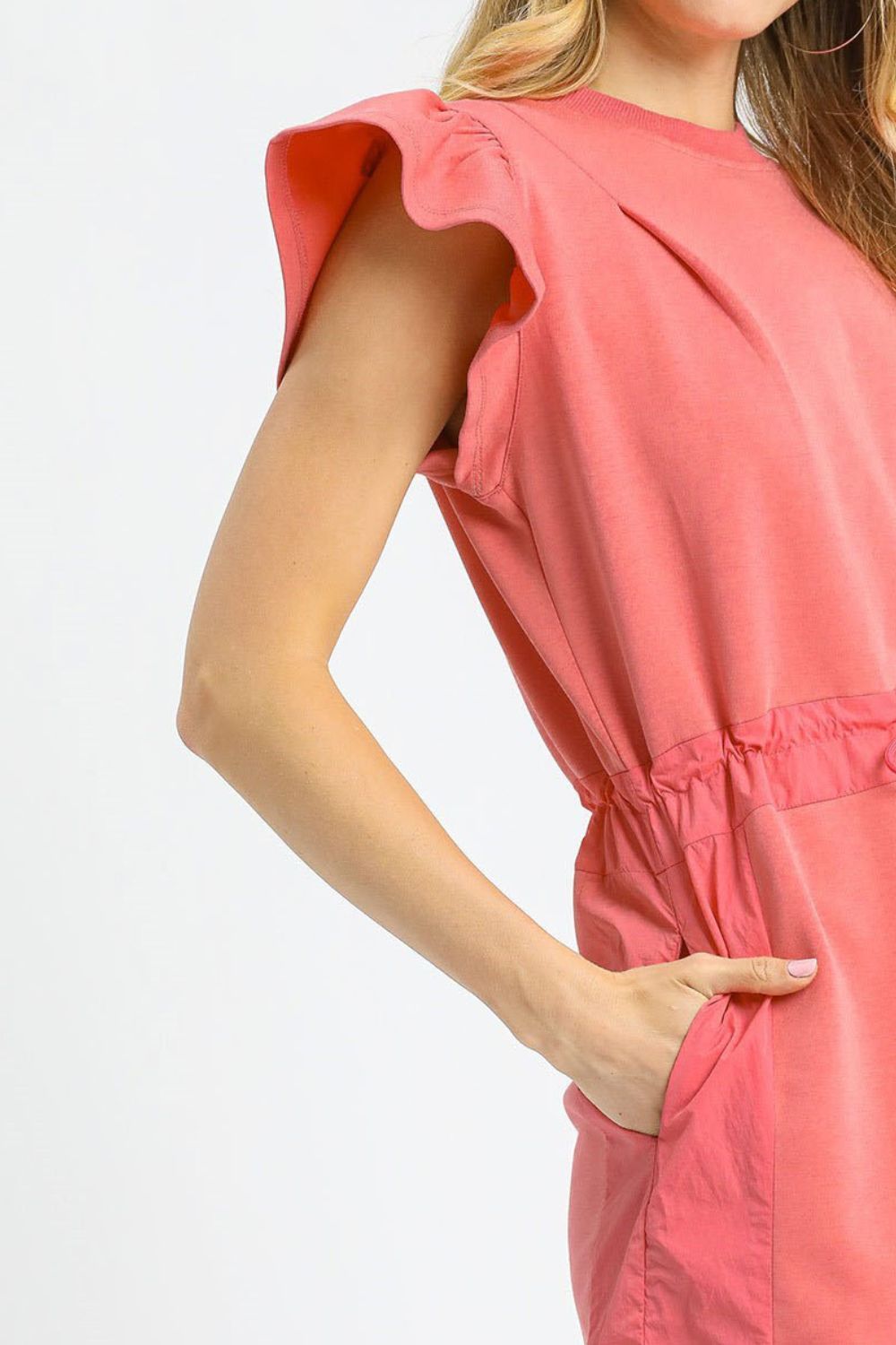 Umgee Luxe knit Ruffle Sleeve Drawstring Mini Dress