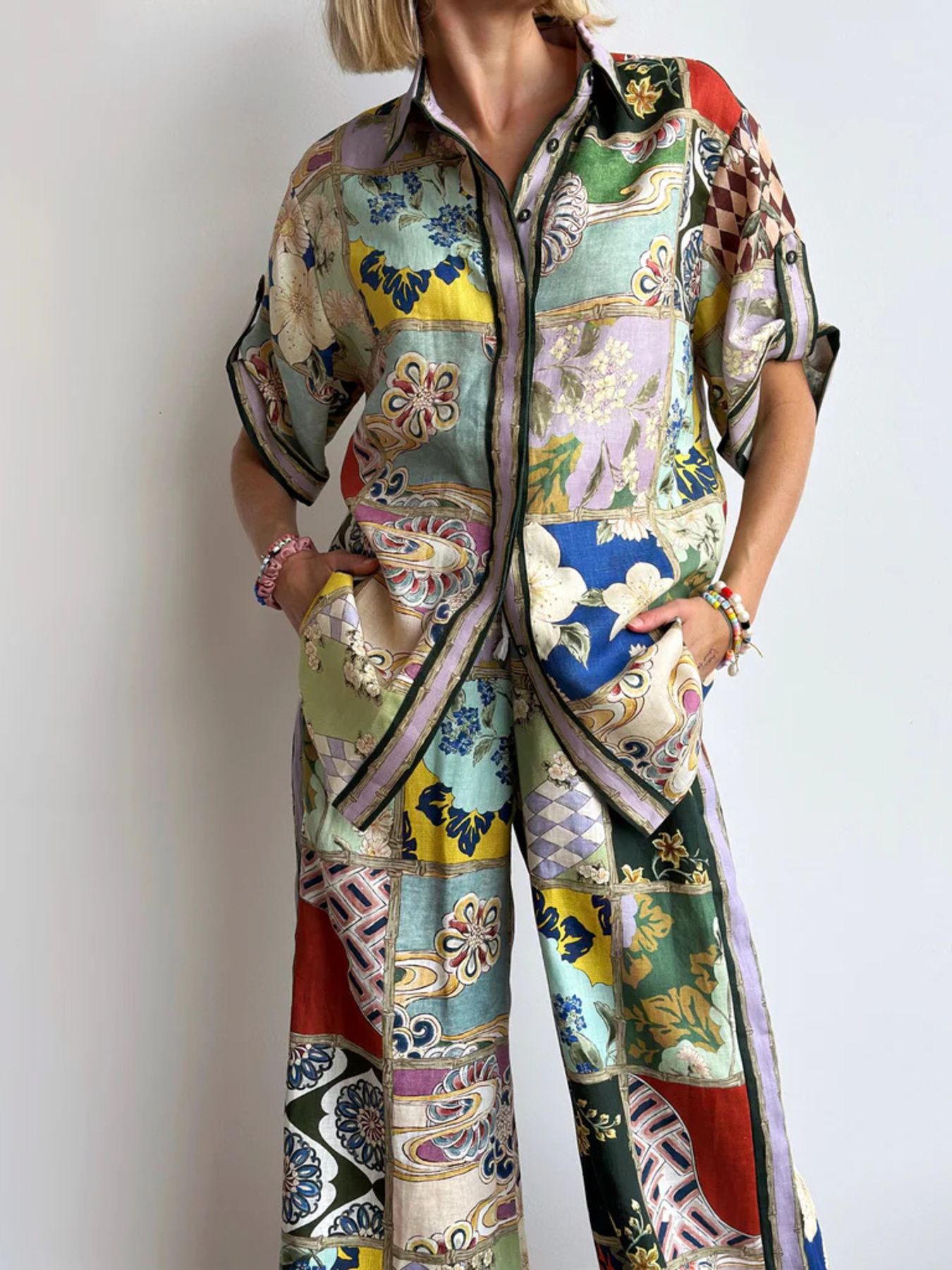 Printed Button Up Shirt and Pants Set