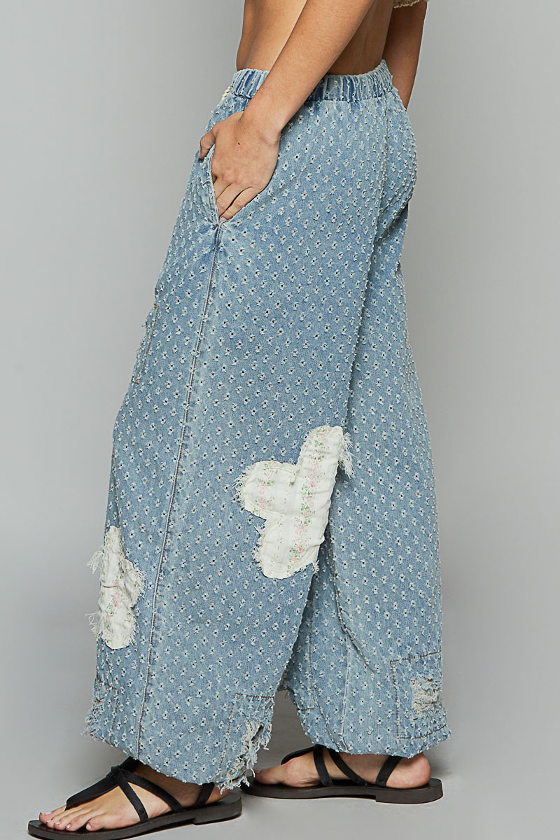 Floral Patch Washed Textured Twill Pants with Crochet See Thru Patch
