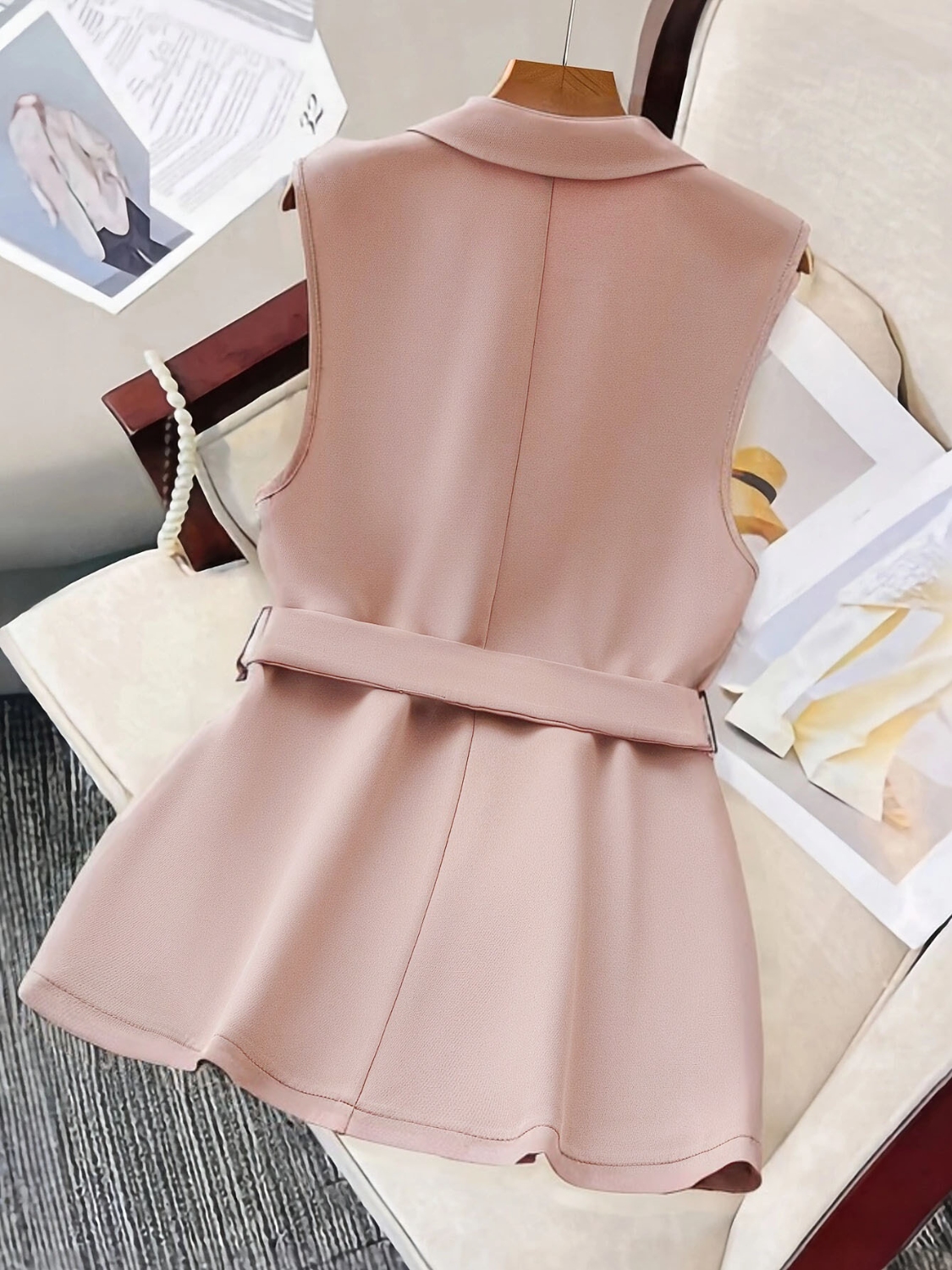 Tie Waist Lapel Collar Sleeveless Blazer