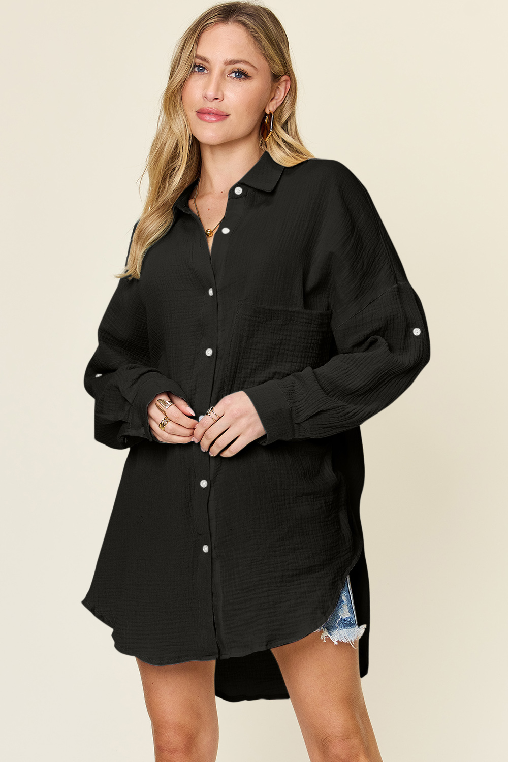 Double Take Full Size Pocketed Texture Button Up Shirt 4
