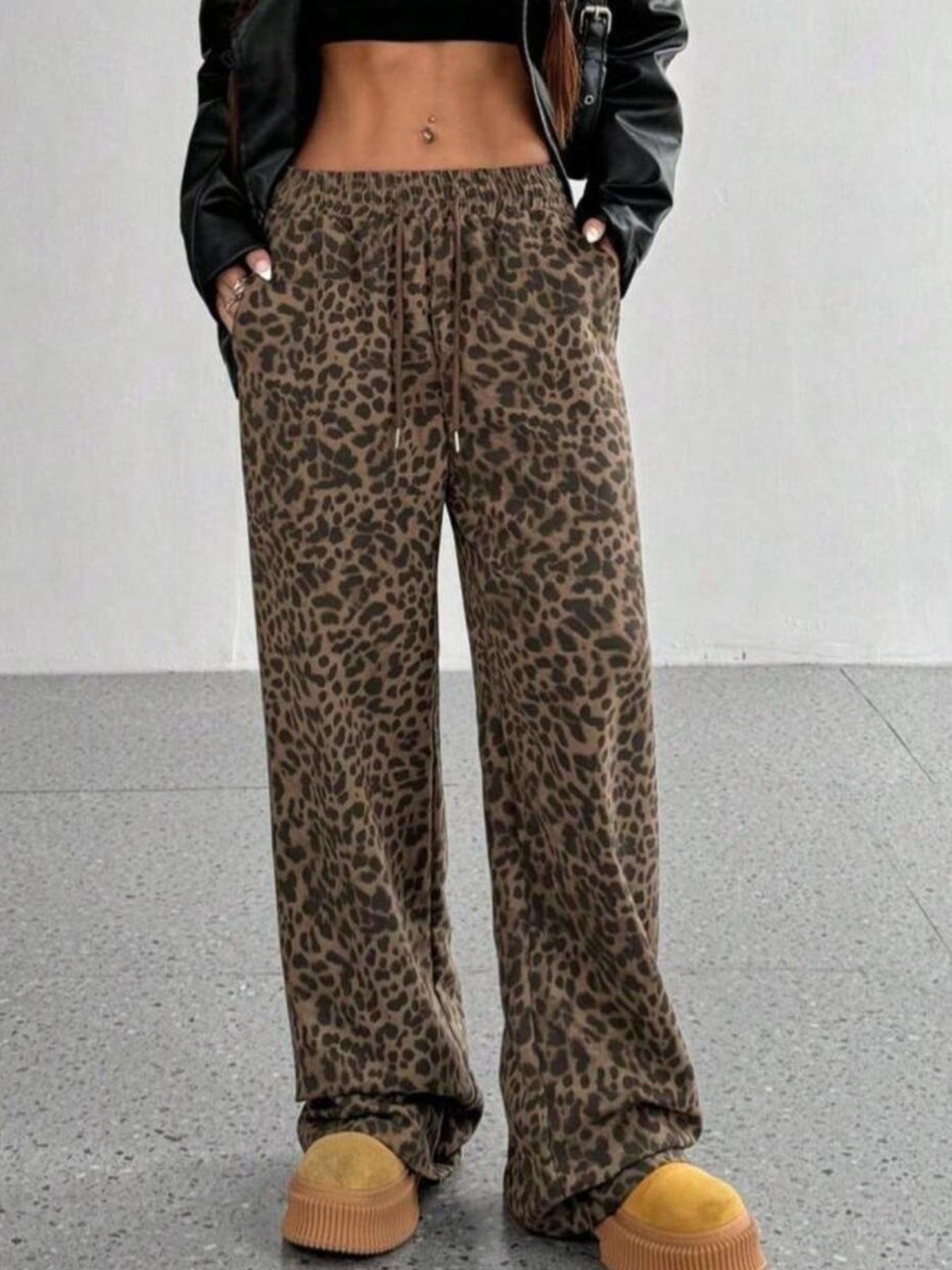 Leopard Drawstring Wide Leg Pants