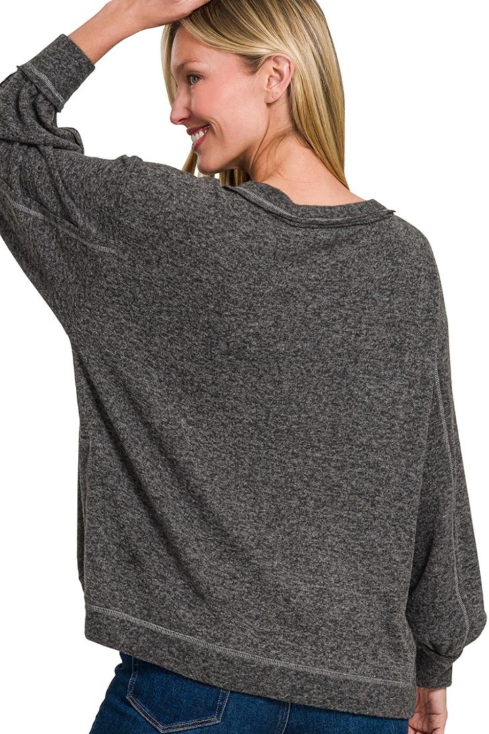 Brushed Hacci Hi-low Round Neck Knit Top