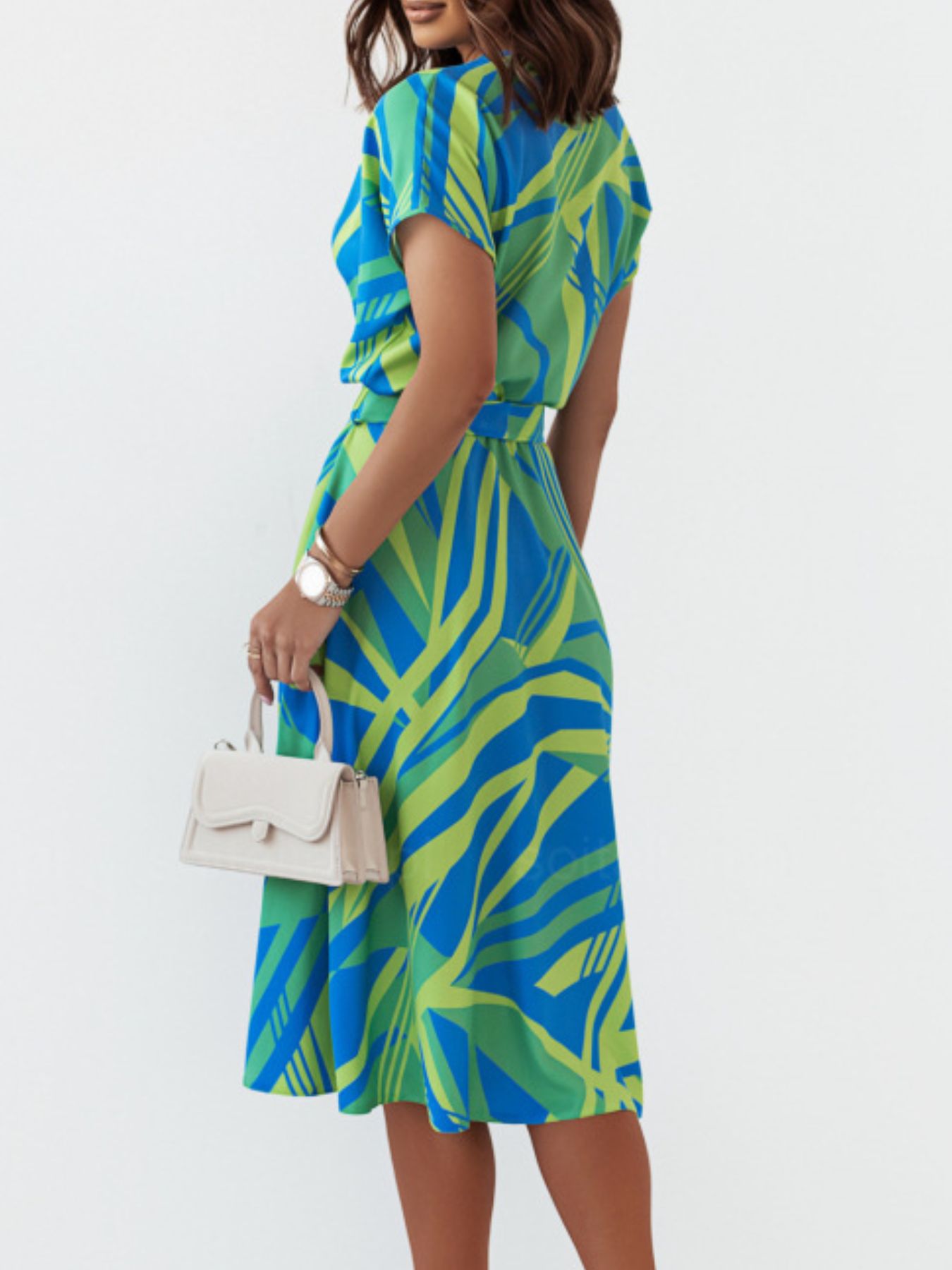 Printed Button Front Midi Dress with Belt